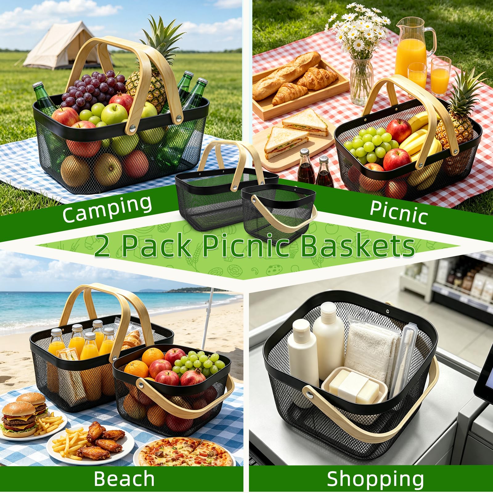 Cheardia Paquete de 2 cestas de picnic, cesta de cosecha de malla de metal con mango de madera plegable, cesta de almacenamiento rectangular para jardín, verduras, frutas, jardín, cocina, armario,