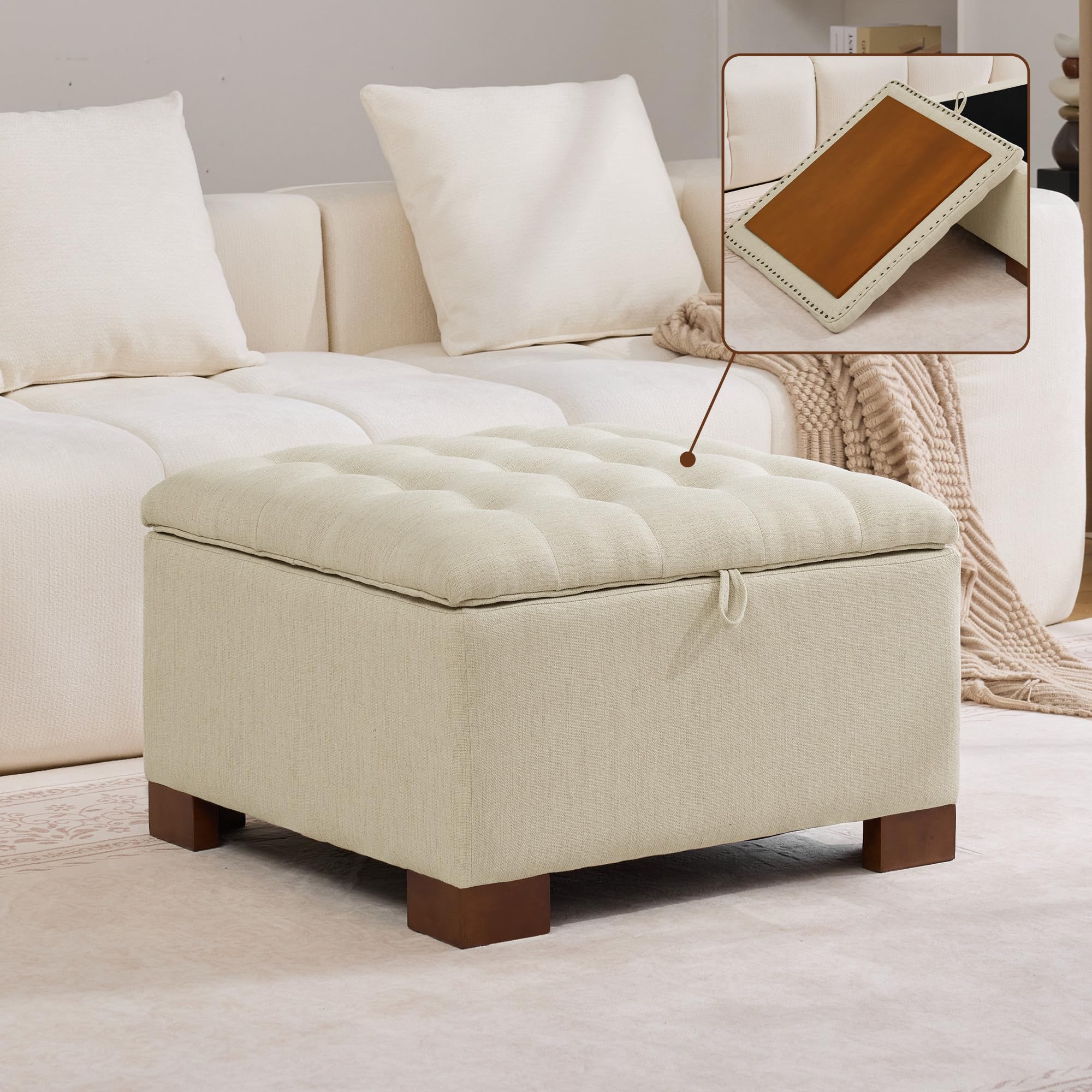 WUTUTUEE 30" Fabric Square Storage Ottoman with Wooden Tray, Modern Tufted Button Footstool Coffee Table, Upholstered Large Ottoman for Living Room, Bedroom, Khaki