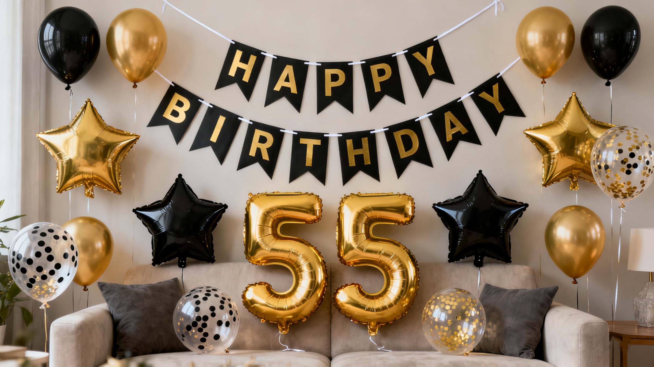 55th Birthday Decorations Black Gold for Men Women, 55th Birthday Banners Number 55 Birthday Balloons Star Foil Confetti Balloons for Cheers to 55
