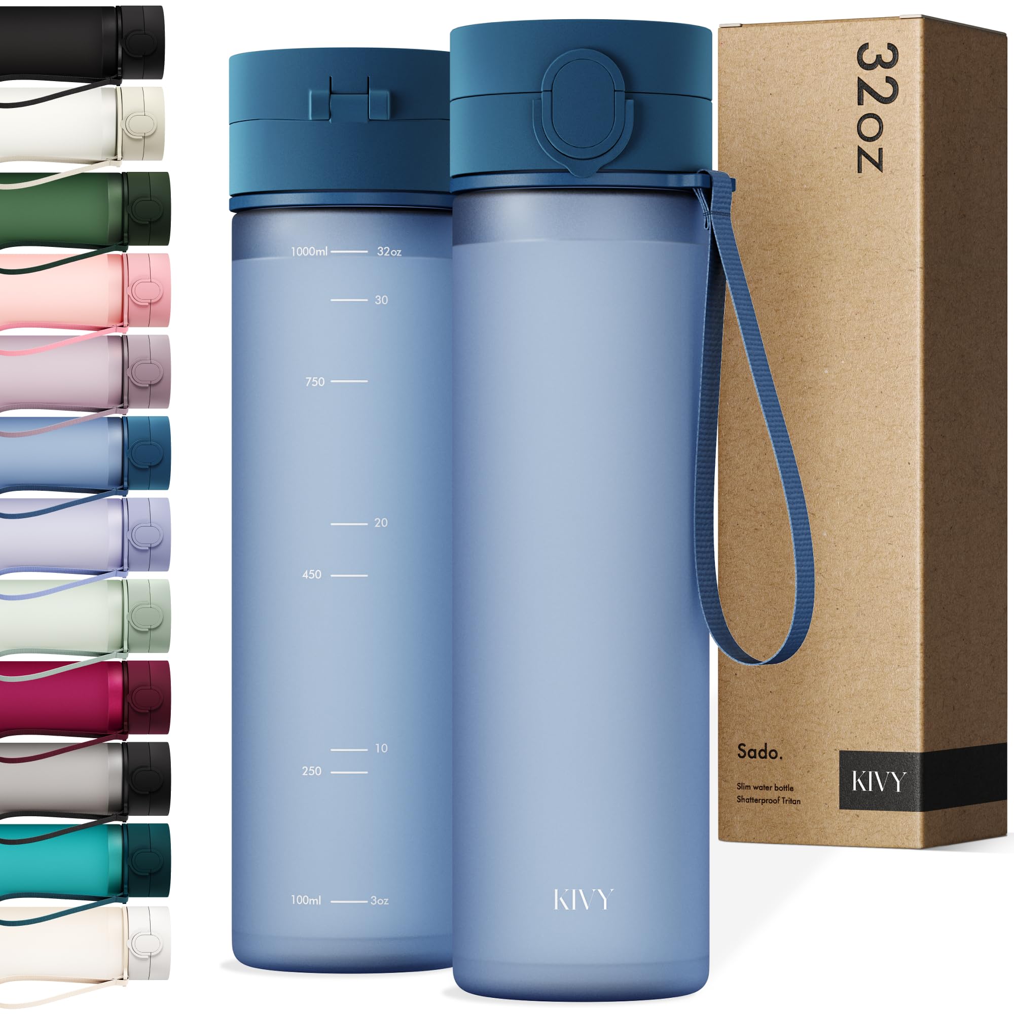 KIVY Slim Water Bottle 32oz with Leakproof Flip Lid [Lightweight & Shatterproof] Fits Backpack & Cupholder for Travel, Sports, School - Tall Gym Water