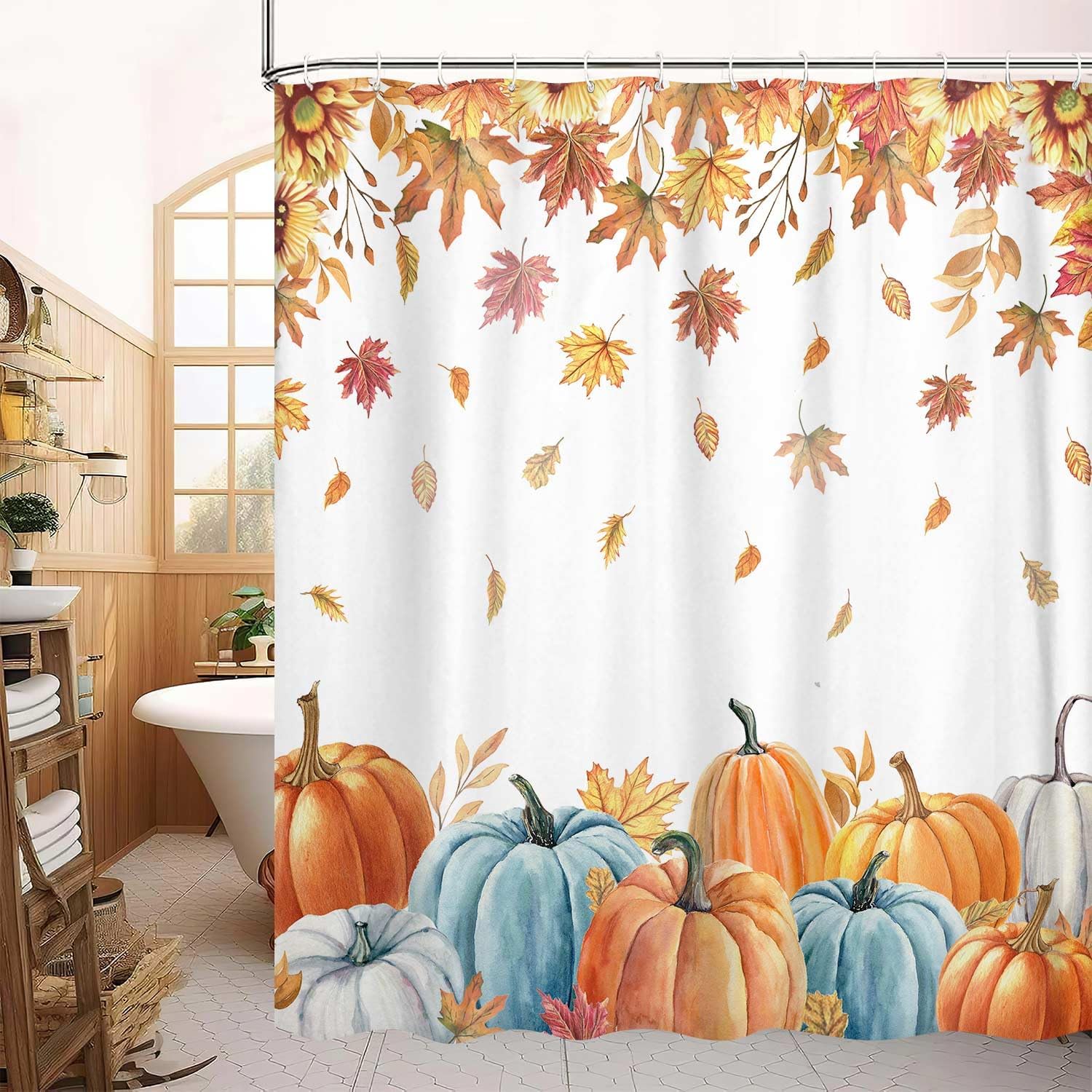 Fall Pumpkin Bathroom Decor Shower Curtain, Colorful Watercolor Autumn Pumpkins Maple Leaves Shower Curtain, Fall Thanksgiving Farmhouse Harvest Bathroom Decor, with Hooks 72x72 Inch