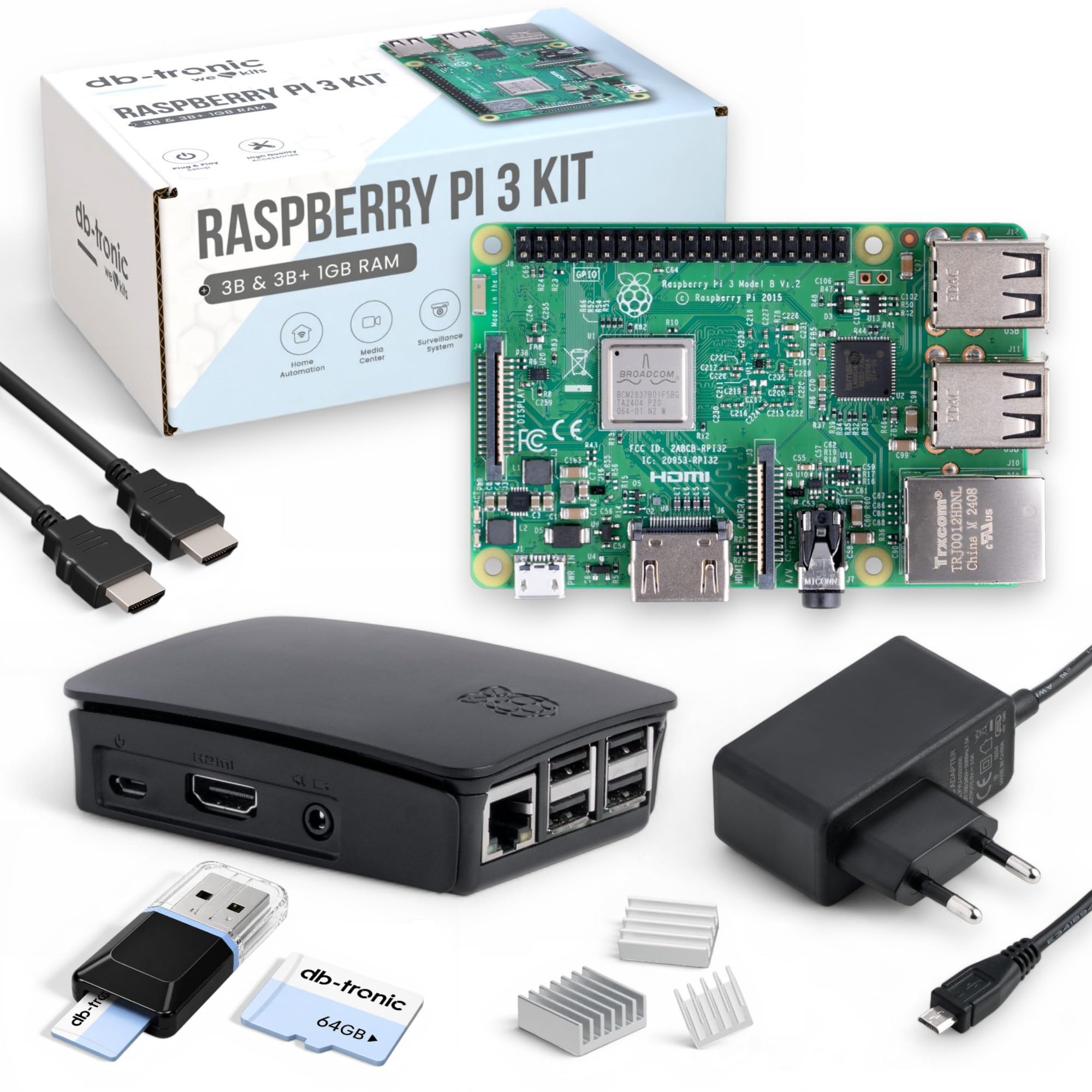 Raspberry Pi 3 B 1GB Starter Set 64GB Edition Netzteil Gehäuse Kühlkörper HDMI Kabel USB-Kartenleser