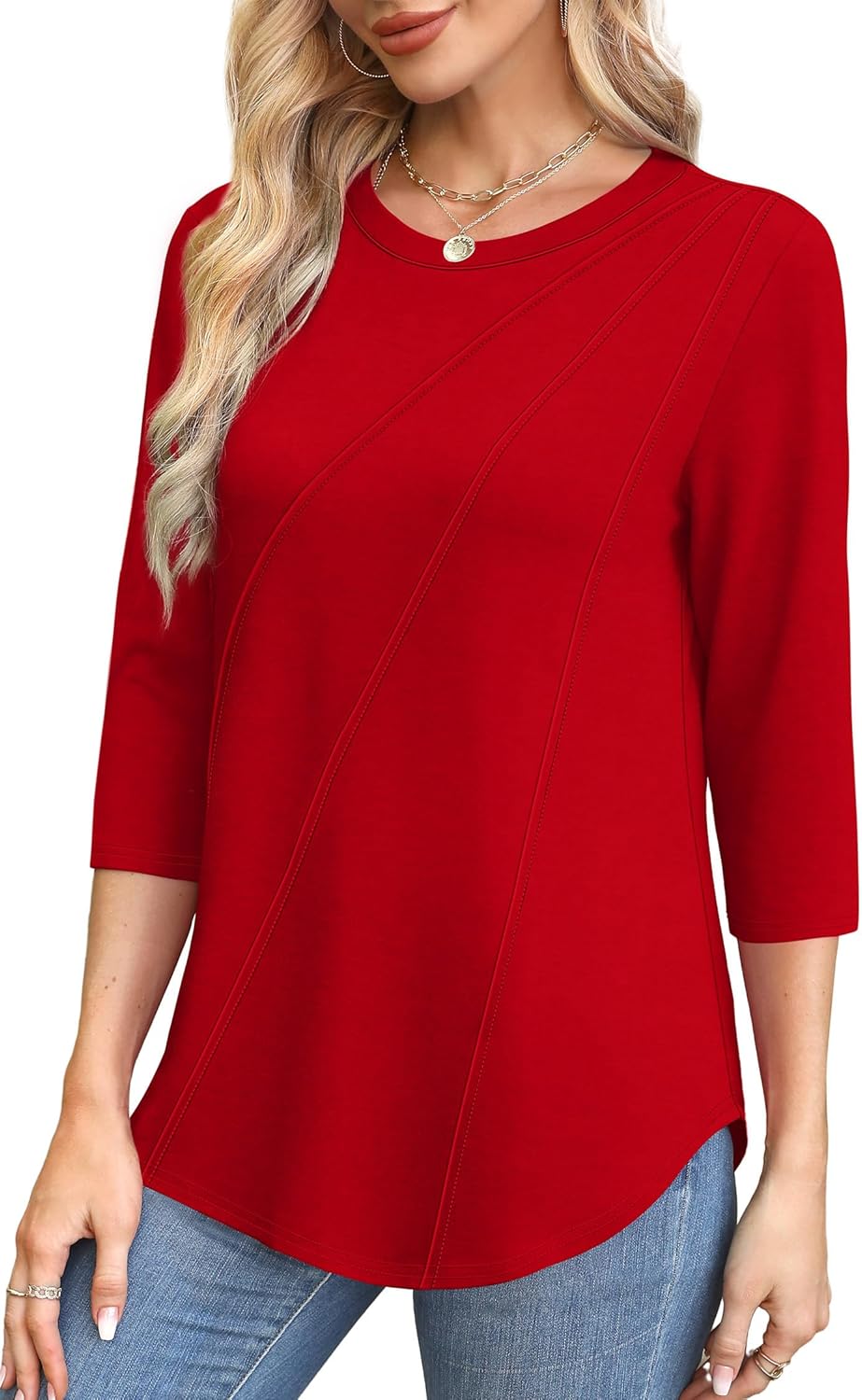 OFEEFAN 3/4 Length Sleeve Womens Tops Round Neck Blouses Dressy Casual Basic Pleated Shirts 2025 - Image 3