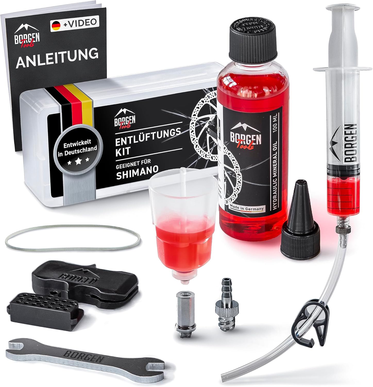 Borgen Shimano Bleed Kit for Hydraulic Disc Brakes I Bicycle Brake Service Kit I Bleed Set with Step by Step Instructions (English language not guaranteed) incl. Hydraulic mineral oil for disc brake – Borgen product photo