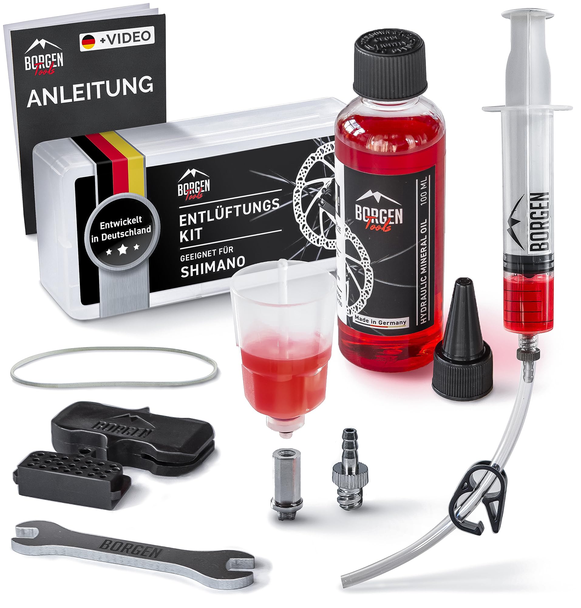 Borgen Entlüftungsset für Shimano Scheibenbremsen - Entlüftungskit mit Anleitung für Deore, Dura Ace, Saint, XT UVM. - inkl. 100ml Mineralöl Bremsflüssigkeit, Trichter, Spritze und Adapter