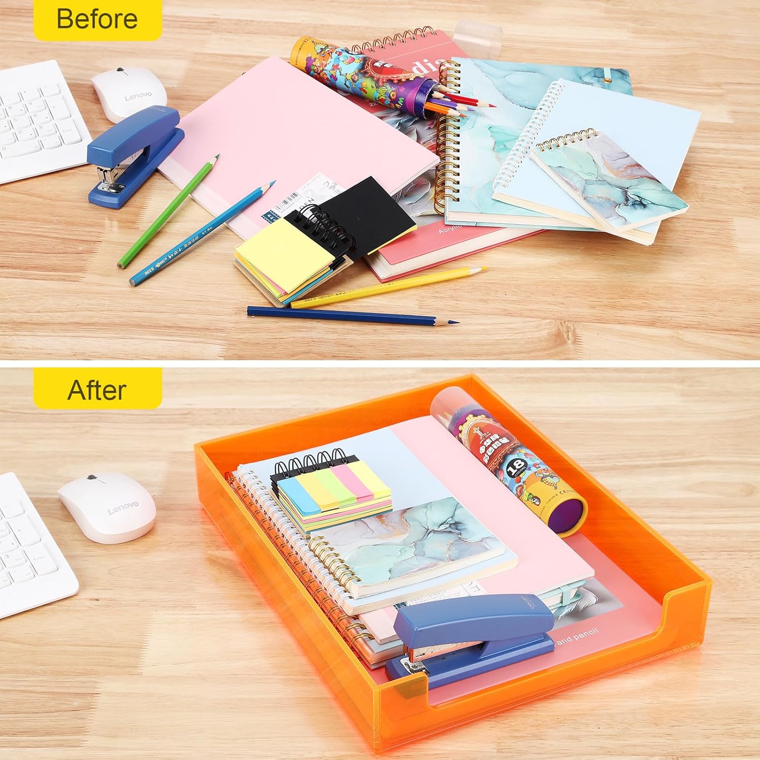 Paper Tray Acrylic File Organizer for Desk Letter Tray Desk Organizer Document Holder Sorter Storage for A4 Office Supplies Magazines, 13.8x10.6x2.4 Inches, Neon Orange