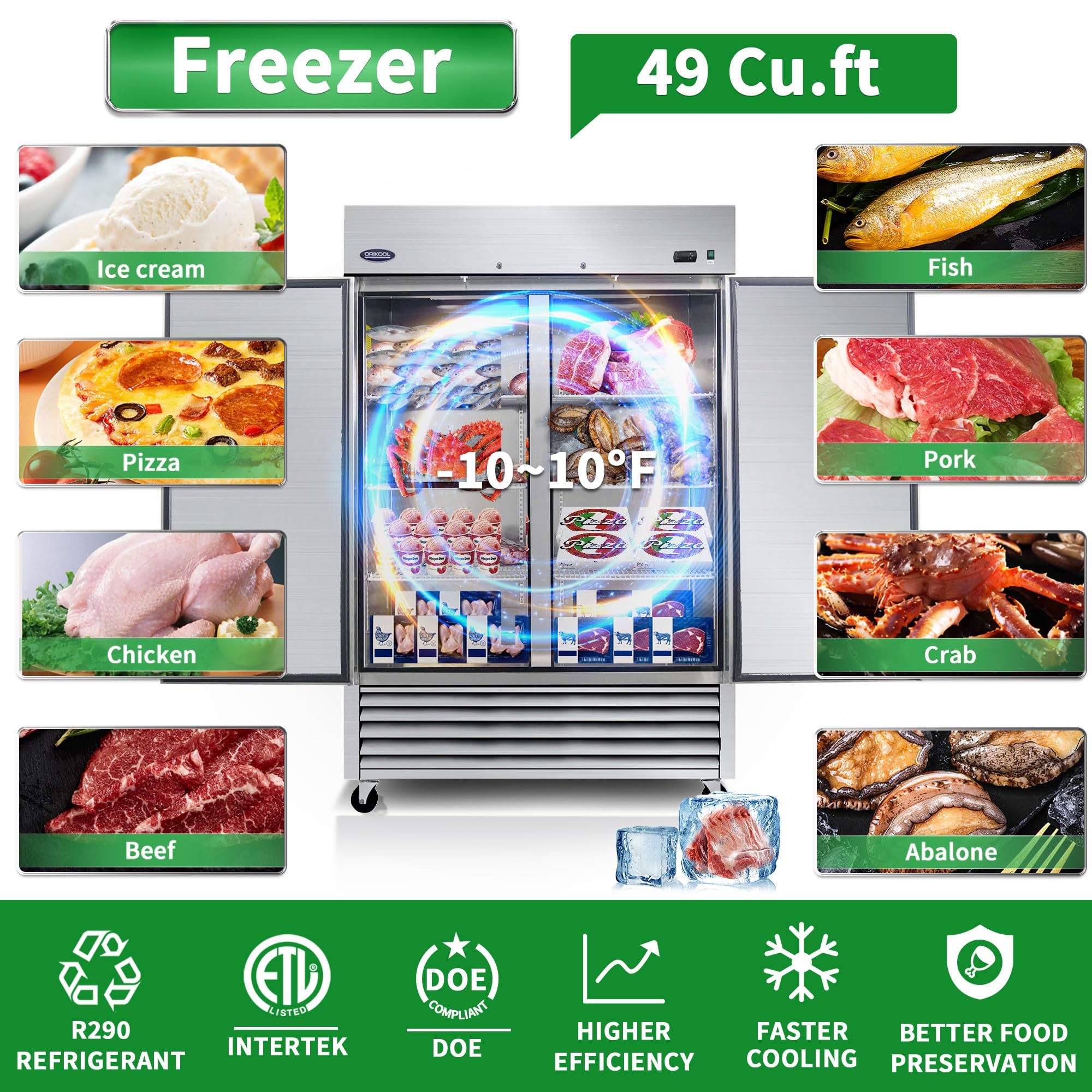 54"W Commercial Freezer 49 Cu.Ft With 2 Solid Door Reach-In Freezers Stainless Steel Etl Approved Upright Freeze Storage, -10℉ ~ 10℉ on Fridge.com - View 2