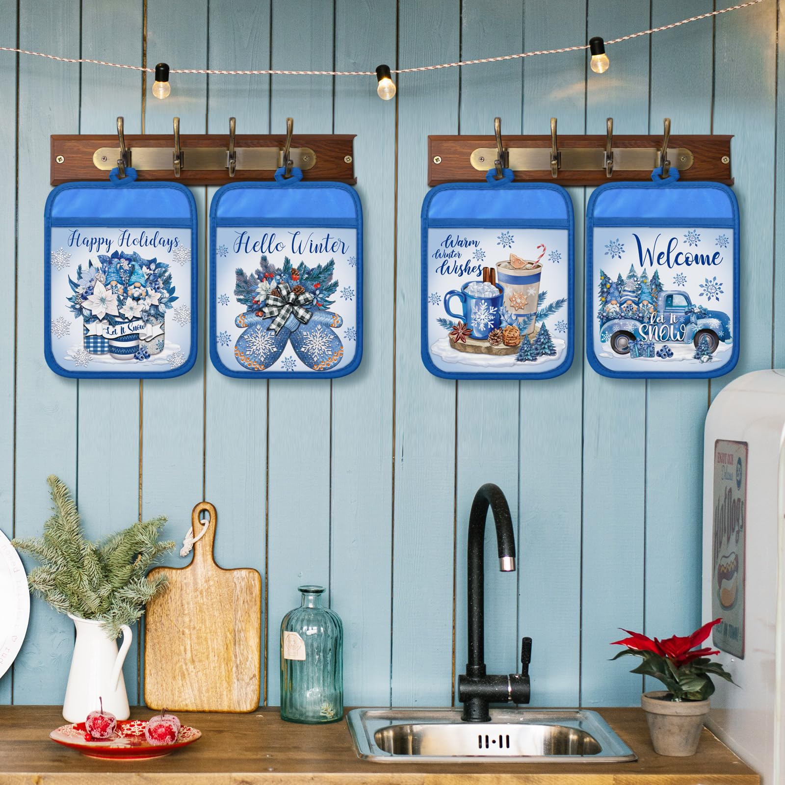 12 soportes azules para ollas de Navidad con bolsillo, Hello Winter, regalo a granel, gnomo de muñeco de nieve, resistentes al calor, guantes de horno, lindos guantes de horno de copo de 2