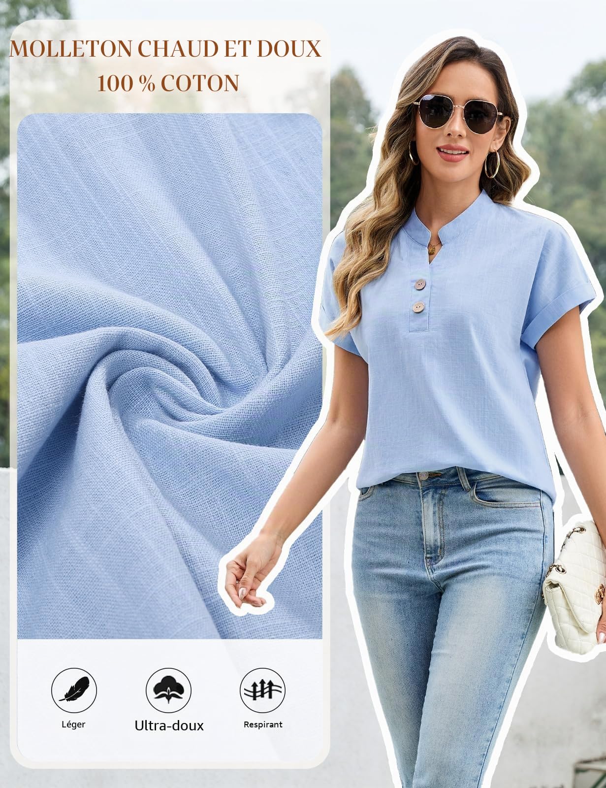 Niwicee Chemisier pour Femme ete en Coton Casual Manche Courte Col en V Chemises avec Boutons Chemise Ample Femme Couleur Unie Chemisier Décontracté