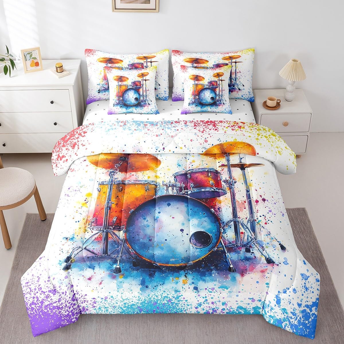 Manfei 7 Pieces Drum Kit Kids Comforter Set Twin Size, Musical Instrument Bedding Set for Boys Girls Room Decor, Rock Music Theme Bed in a Bag with Comforter,Fitted Sheet,Top Sheet and Pillowcases image 4
