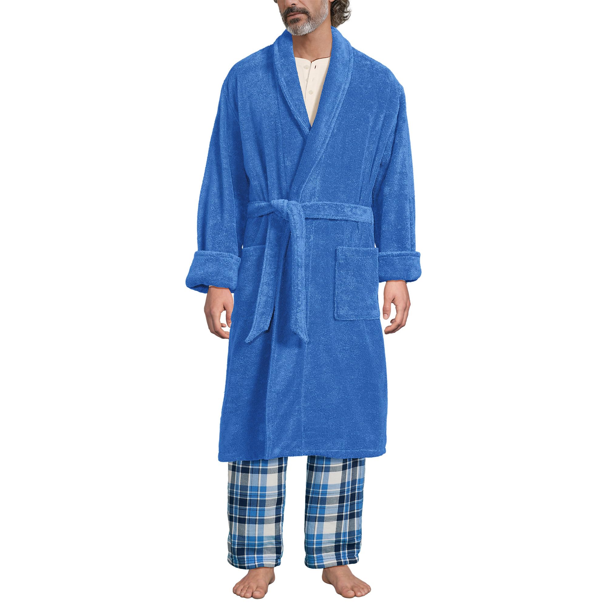 Lands' End Men's Full-Length Turkish Cotton Terry Bathrobe – 55" Length | Plush, Absorbent, 2 Pockets, Spa Comfort