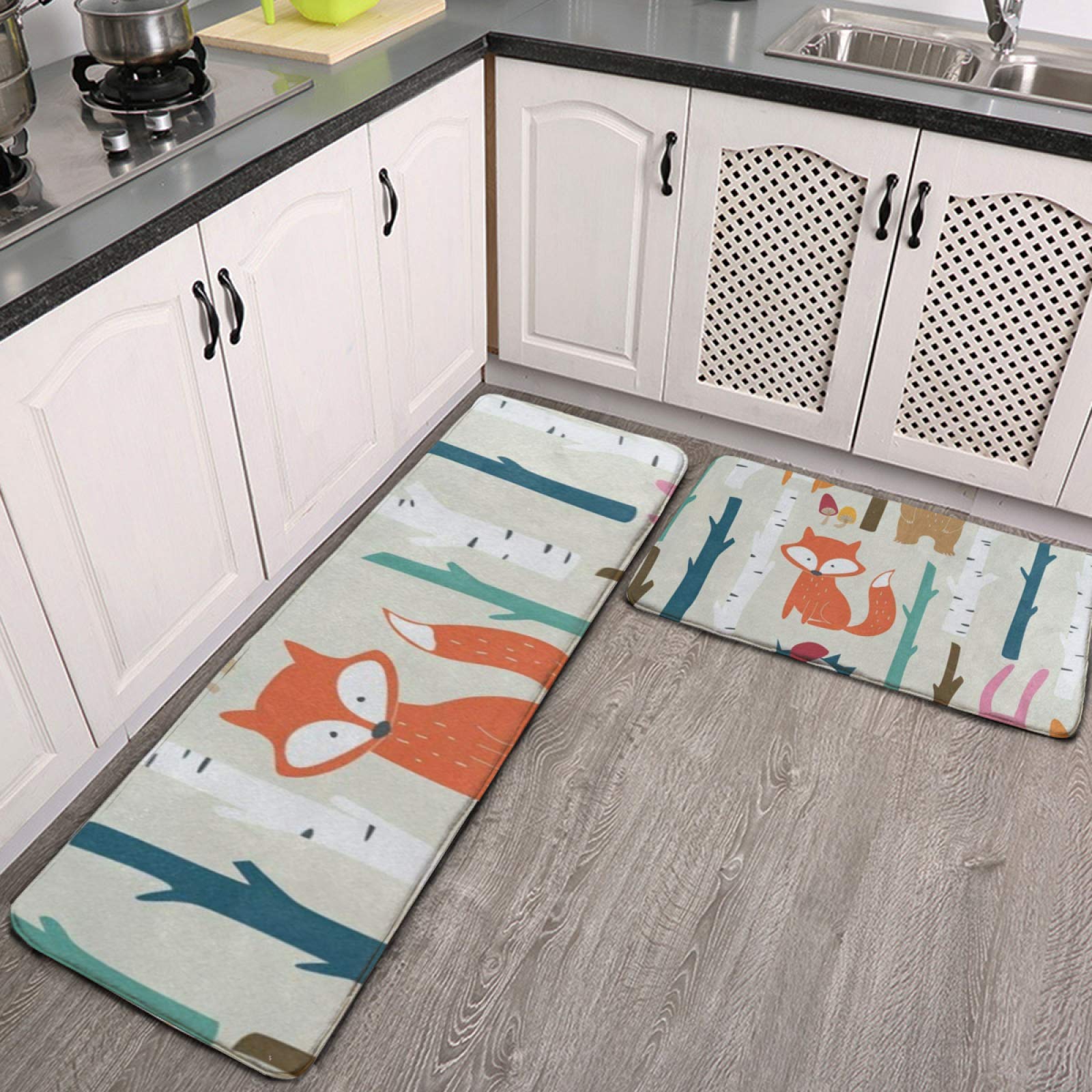 Kitchen Rugs and Mats Set of 2，Cartoon Cute Forest Fox Squirrel Hedgehog Rabbit Cushioned Anti-Fatigue Doormat with Non Skid Rubber for Kitchen,Floor Home,Office,Sink, Laundry,Grey Entrance Carpet