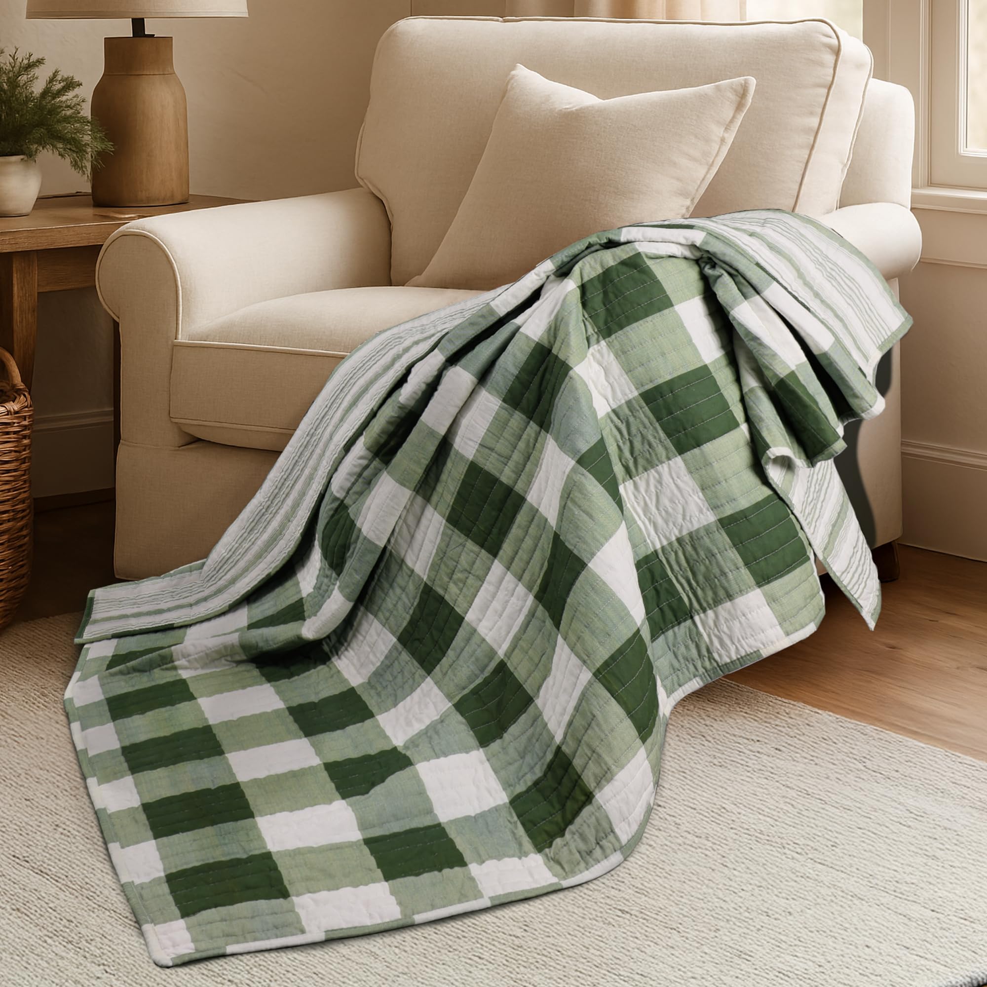 Levtex Home Camden Green Quilted Reversible Throw (50x60in) - Buffalo Check - Green - Cotton Throw - Lightweight, Soft, Pre-Washed