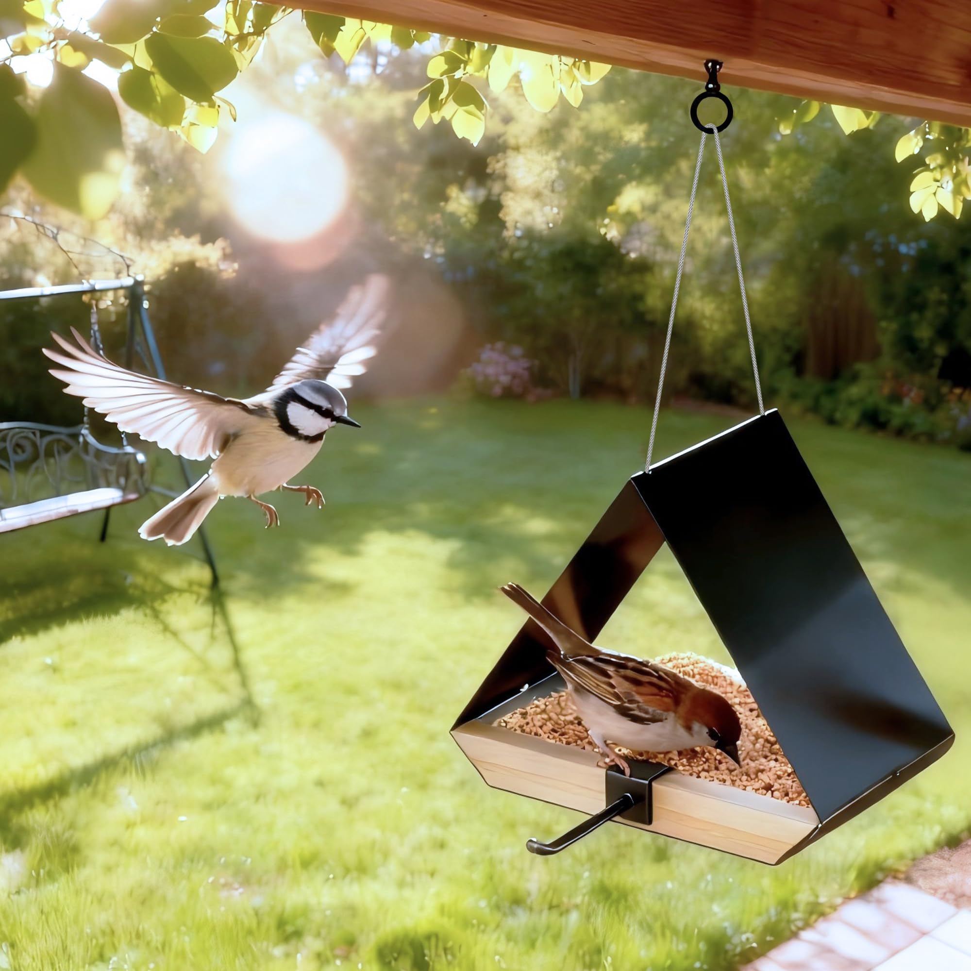 FANHAO Mangiatoia con Tetto Metallico, Sospensabile Esterno, Rete Ventilata, Facile da Pulire, Regalo Birdwatching e Arredo Giardino per Pettirossi, Cincialle e Uccelli Selvatici, Nero