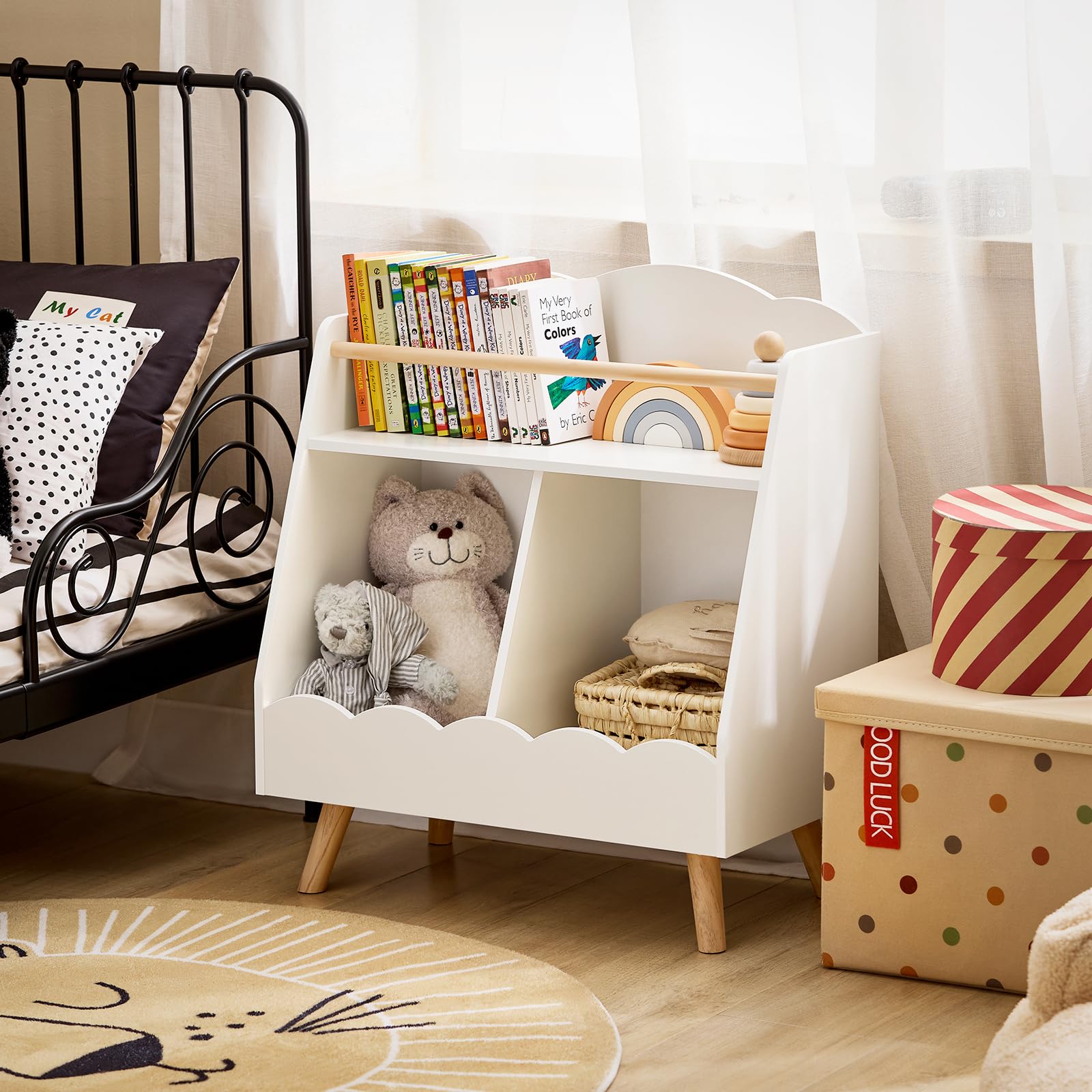 SoBuy Bibliothèque Enfant, Étagère à Livres, Étagère de Rangement Jouets pour Enfants, Meuble Rangement sur Pieds pour Chambre d’Enfant, 2 Compartiments Ouverts, Blanc, 61 x 35 x 71 cm KMB100-K-W