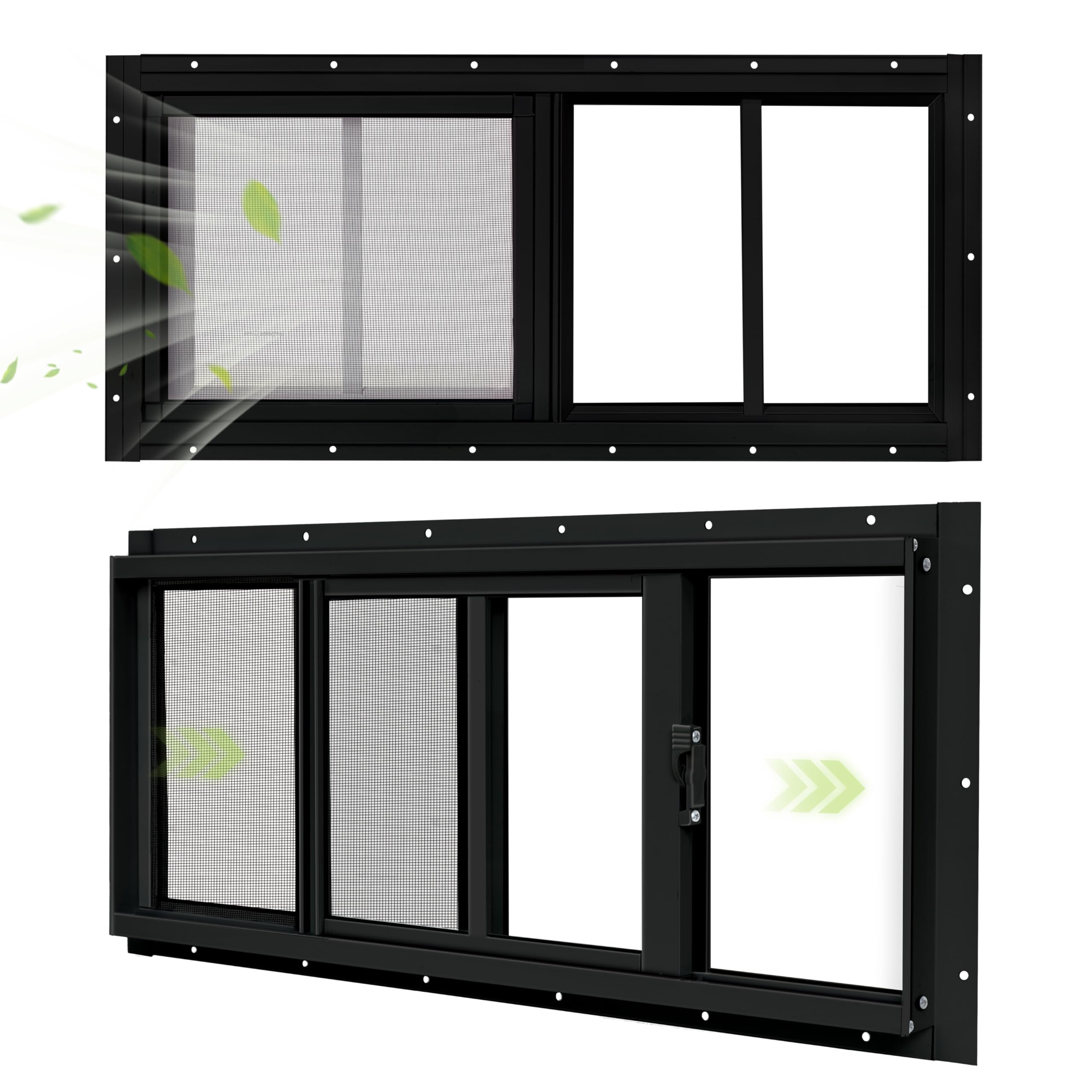 BOBIBAN 2 Pack Shed Windows, 10"x 18" Black Sliding Window Suitable for Chicken Coop, shed, Household, Barn - Transom Window with Tempered Glass and Fiberglass Screen (BK,10''x 18'')