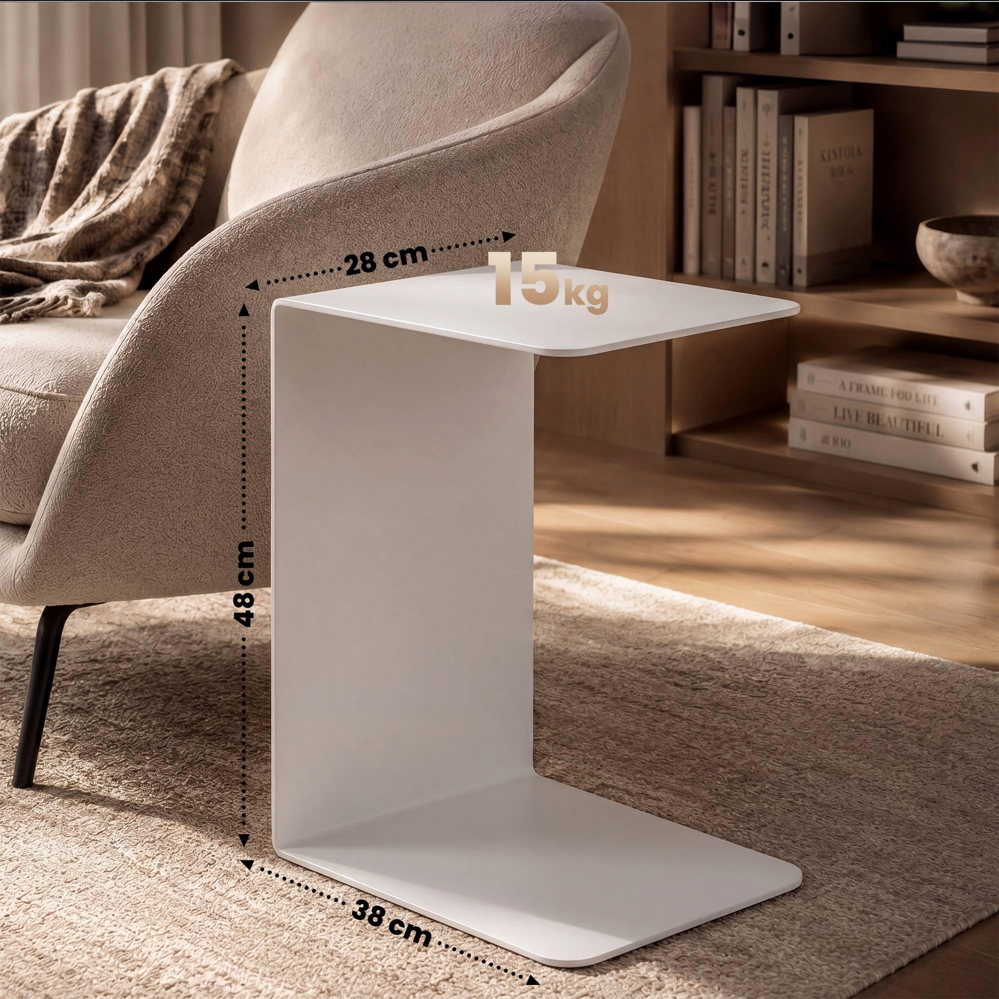 CLP Beistelltisch Couch klein Selby, Couchtisch C-Form Metall, Wohnzimmertisch modern aus massivem 5mm Stahl pulverbeschichtet, Farbe:weiß, Größe:48 cm