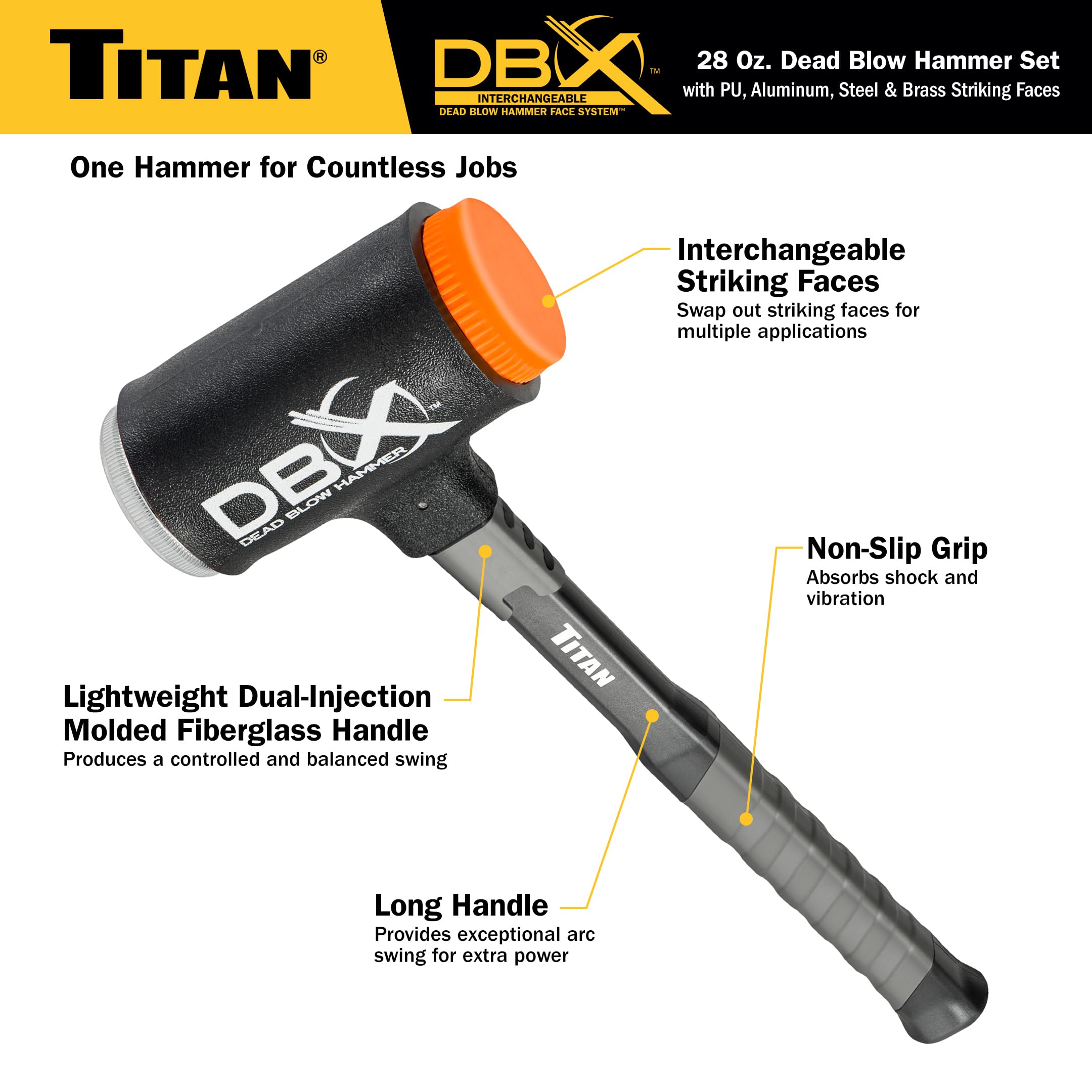 Titan DBX 63634 - Juego de martillo de soplado muerto de 28 onzas con caras intercambiables de poliuretano, acero, aluminio y latón