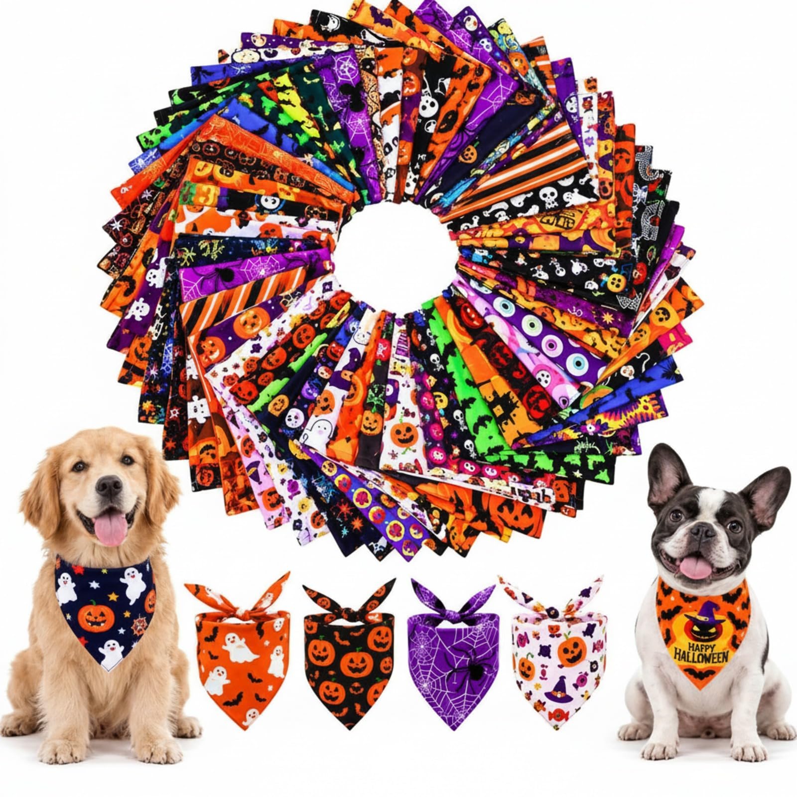 Newwiee 200 Pcs Halloween Bandanas for Dogs Bulk, L, 25 x 17 Inch