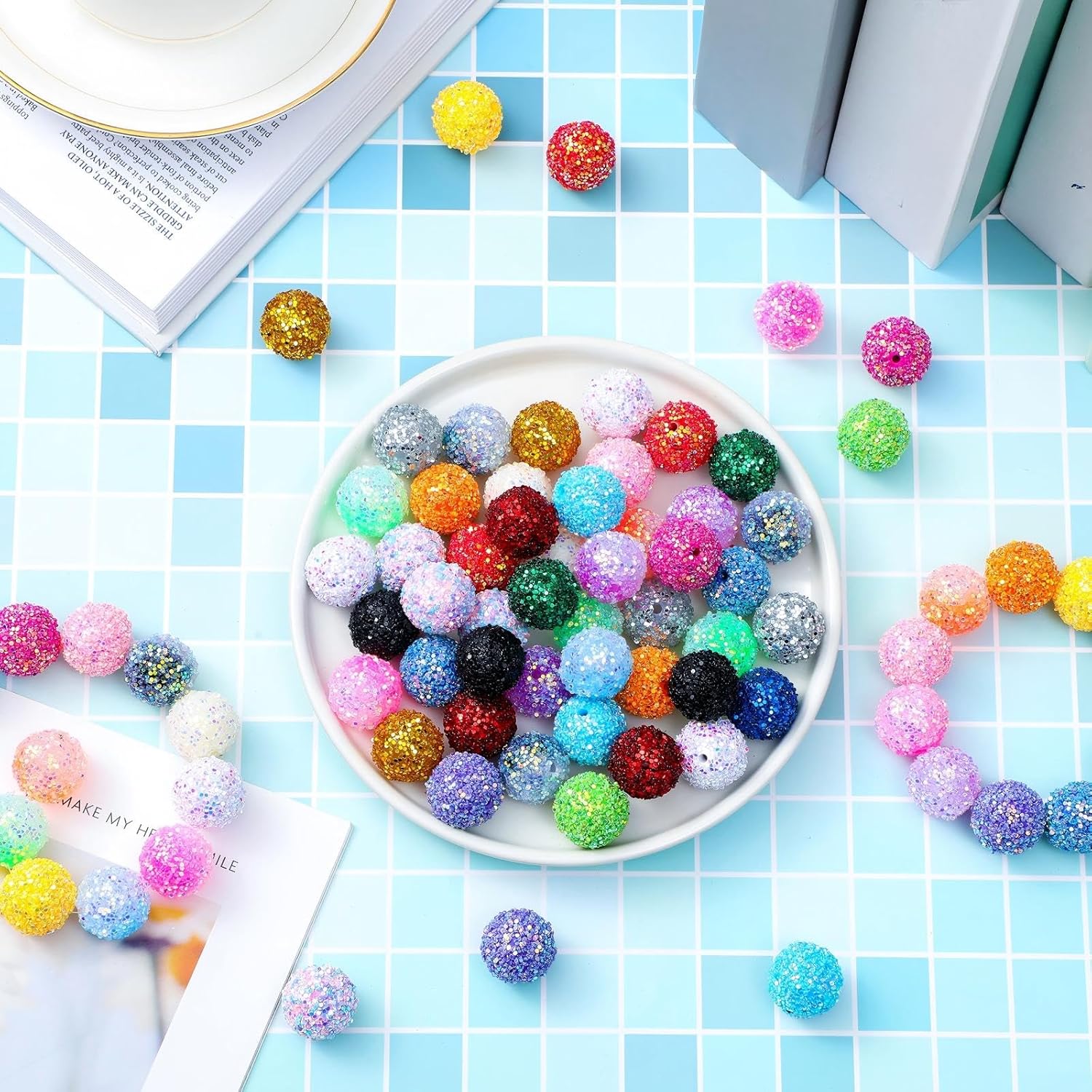 Sasylvia 80 Pcs 20mm Chunk Bubblegum Beads for Pens, Colorful Rhinestone Beads Sequin Disco Ball for Pen Jewelry Bracelet Necklace Bag Chain Making Crafts Supplies(Multicolor)