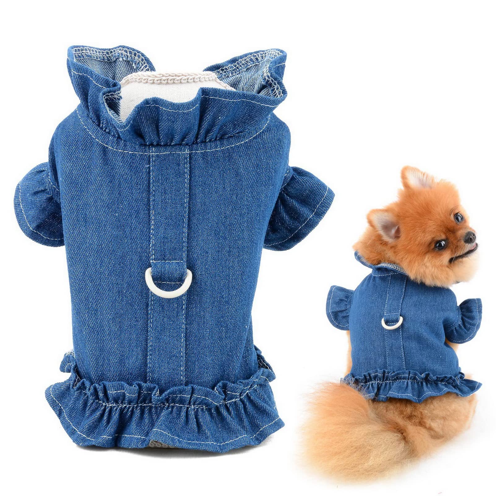 SMALLLEE_LUCKY_STORE Pet Denim Harness Vest Shirt with D-Ring for Small Dogs Cats Girls Soft Comfort Ruffles Jean Jacket for Outdoor Walking Female