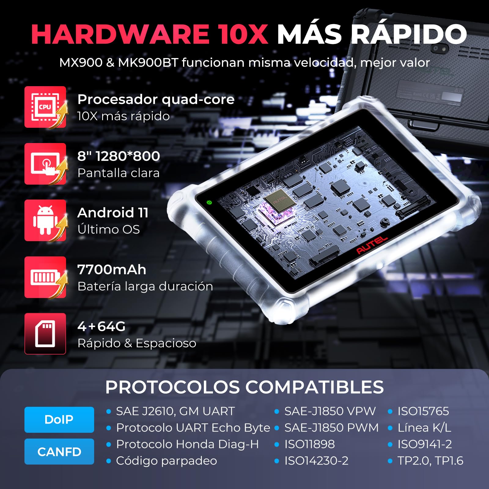 Autel MaxiCheck MX900 Maquina Diagnóstico, Como MaxiCOM MK900-BT Herramienta Escáner OBD2, Avanzado MK808BT MK808S MX808S Diagnosis Coche Multimarca, 3K+ Pruebas Activas, DoIP&CANFD, 40+ Servicio,OS11