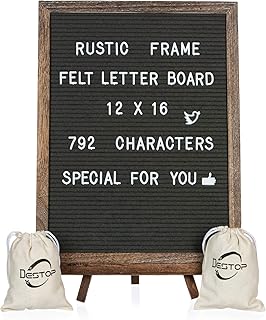 Felt Letter Board with Rustic Vintage Frame and Stand 12x16 inch, Dark Grey Changeable Letter and Message Board Includes 792 Letters, Numbers and Symbols, Hook to Hang, 2 Canvas Bags