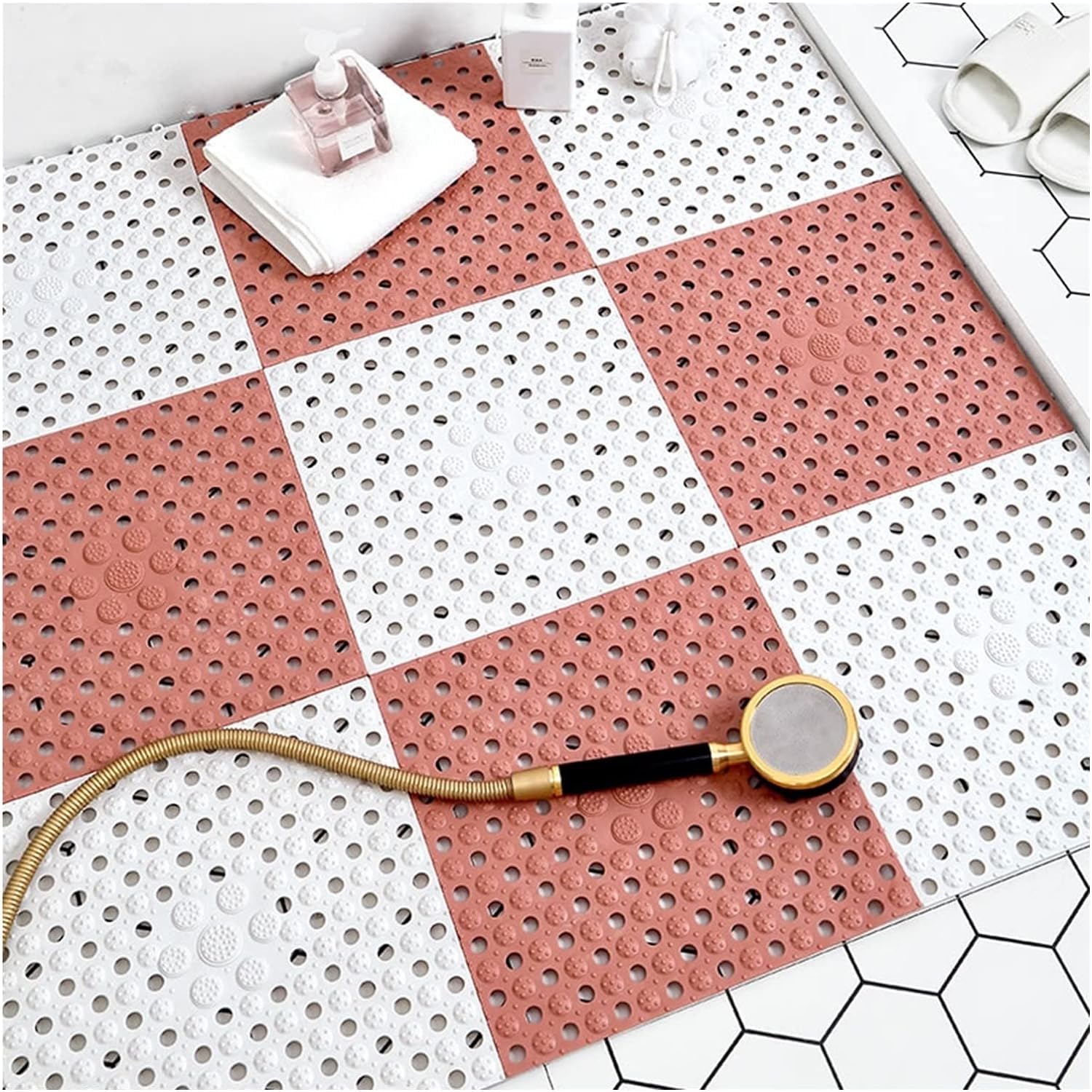 BHGFYXBS Bathroom Drainage Anti-Slip Mat Shower Floor Mat Cuttable Swimming Pool Restroom Wet Area Carpet, 11.8X11.8In,Pink+white-24pcs