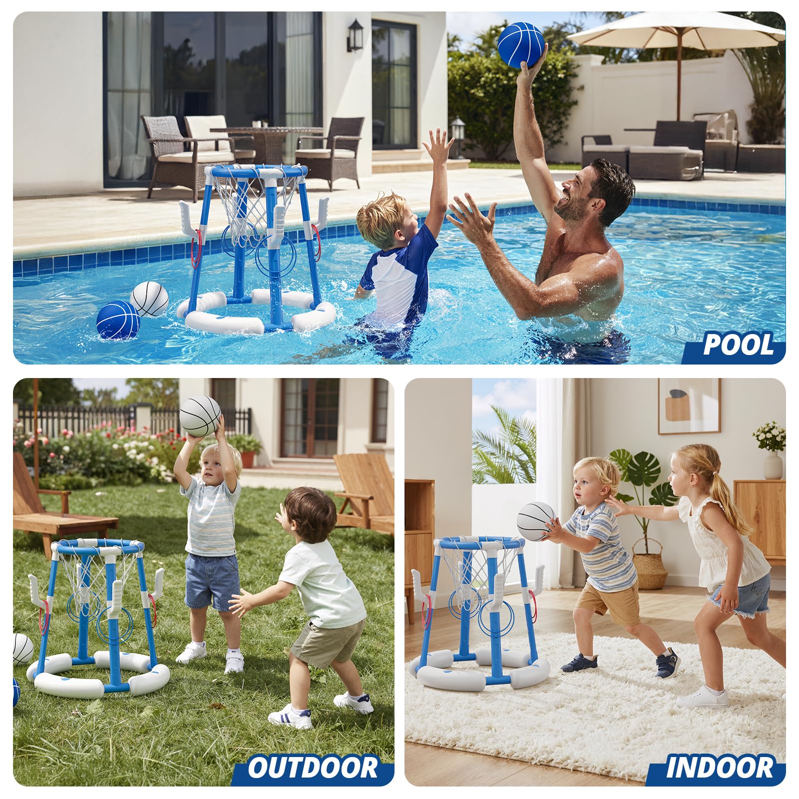 HYES Canasta de Baloncesto Piscina, Flotante Canasta Juguetes para Niños, Piscina de Baloncesto con 4 Bolas 8 Anillo, Juegos de Agua Interior y Exterior para Niños Adultos, Azul