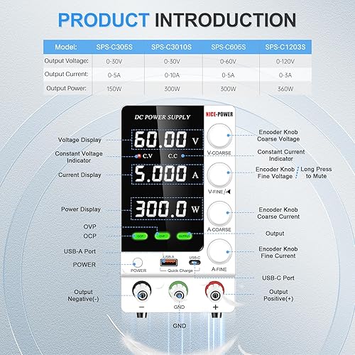 Miniatura 19 de NICE-POWER Fuente de alimentación CC variable 30V 10A, fuente de alimentación de banco de CC regulada ajustable con codificador, interruptor