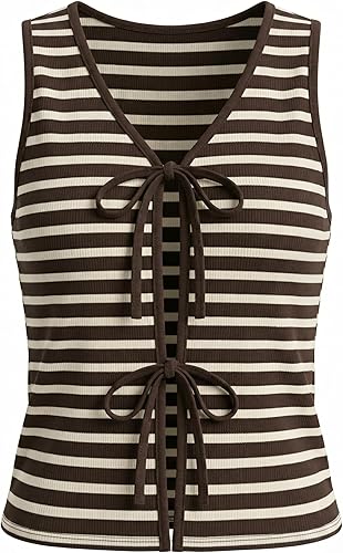 GAMMIS Women's Tie-Front Striped Knit Vest Sleeveless Open Front Cardigan Summer Crop Top Casual Outfits