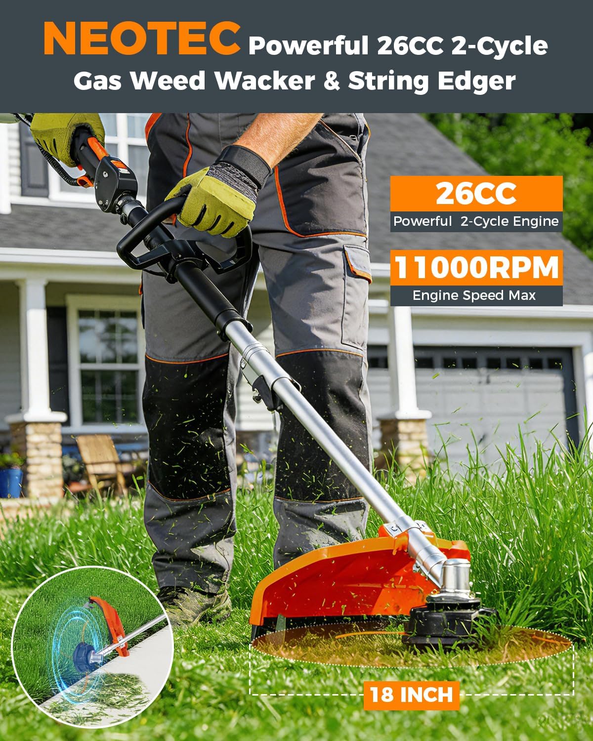 4-in-1 26cc Gas Weed Wacker, String Trimmer, Wheeled Edger, Hedge Trimmer & Brush Cutter Blade,Multi-Purpose Yard Tool with Rubber Handle, Shoulder Strap, Easy Start, Ideal for Lawn & Garden Care