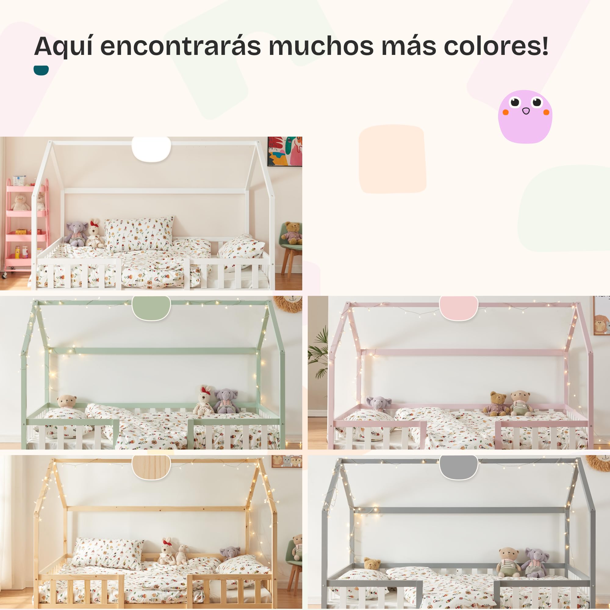 [en.casa] Cama para Niños Sisimiut de Madera Pino 120 x 200 cm Cama Infantil con Reja Protectora y Somier Forma de Casa Casita - Blanco
