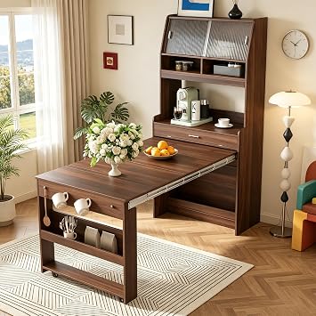 Craft Cabinet with Fold Out Table Extendable Dining Room Table, Space-Saving Buffet with Storage Shelf & Side Hooks, Multifunctional Cupboard for Small Apartments & Studios, Farmhouse/Modern