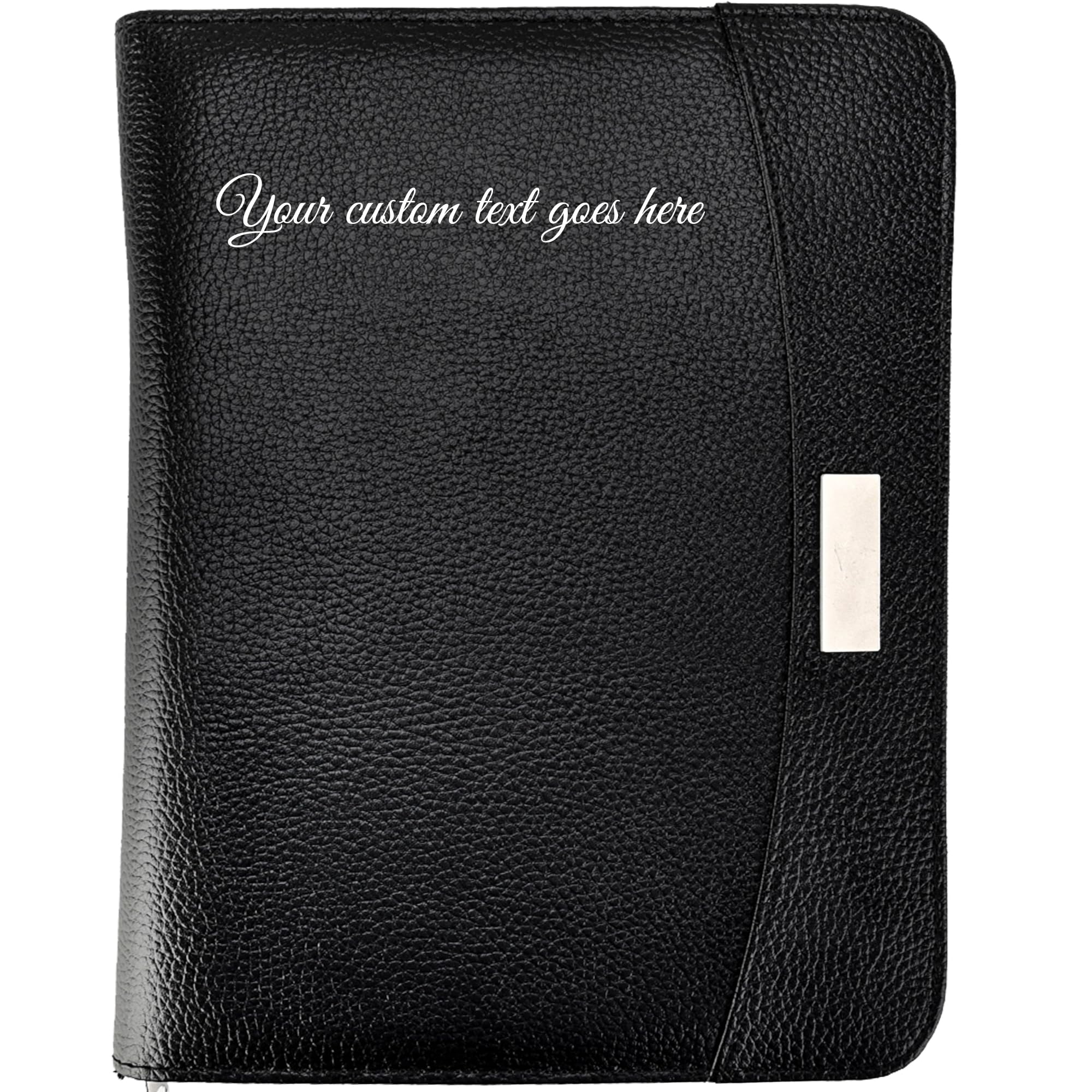 Arpan Personalised Custom Text Black Faux Leather A5 Size Zipped Conference Folder with A5 Lined Writing Pad, Calculator, Pen Holder, Card Pockets - Ring Binder Portfolio