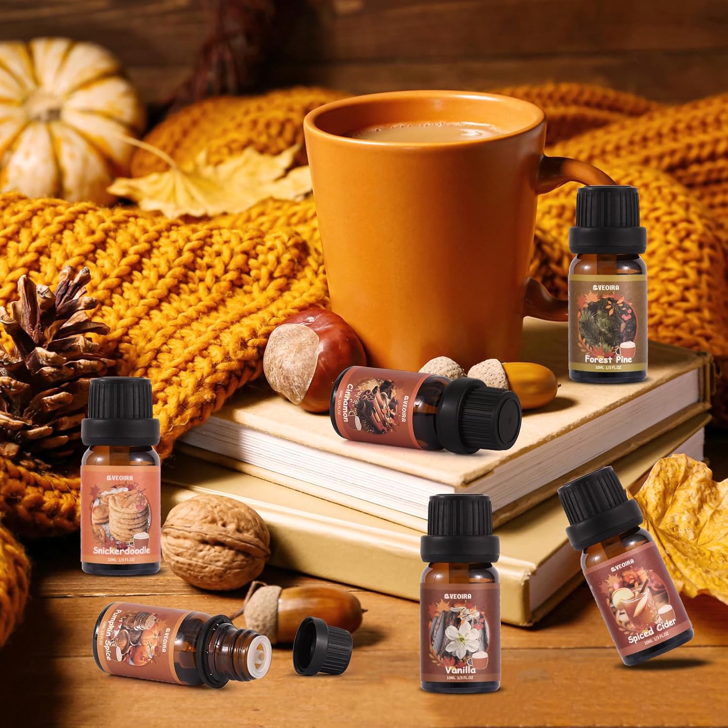 Autumn Fragrance Oils Set, AVEOIRA Fall Essential Oil Set for Diffuser, Candle, Soap Making, Pumpkin Spice, Forest Pine, Spiced Cider, Cinnamon, Vanilla, Snickerdoodle, Scented Oils, 6x10ml - Image 5
