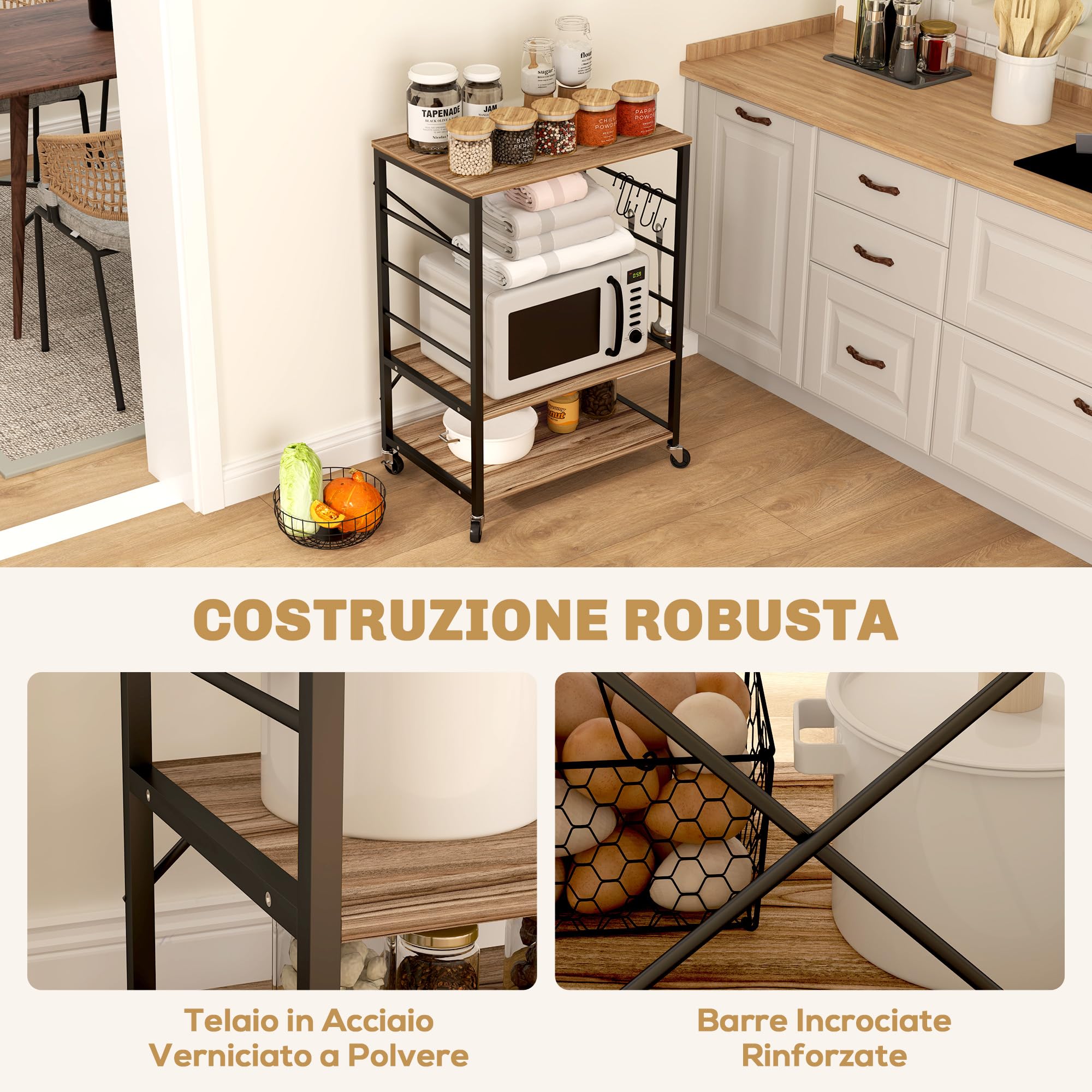 HOMCOM Scaffale da Cucina a 3 Livelli Stile Industriale 60x40x84 cm Teak