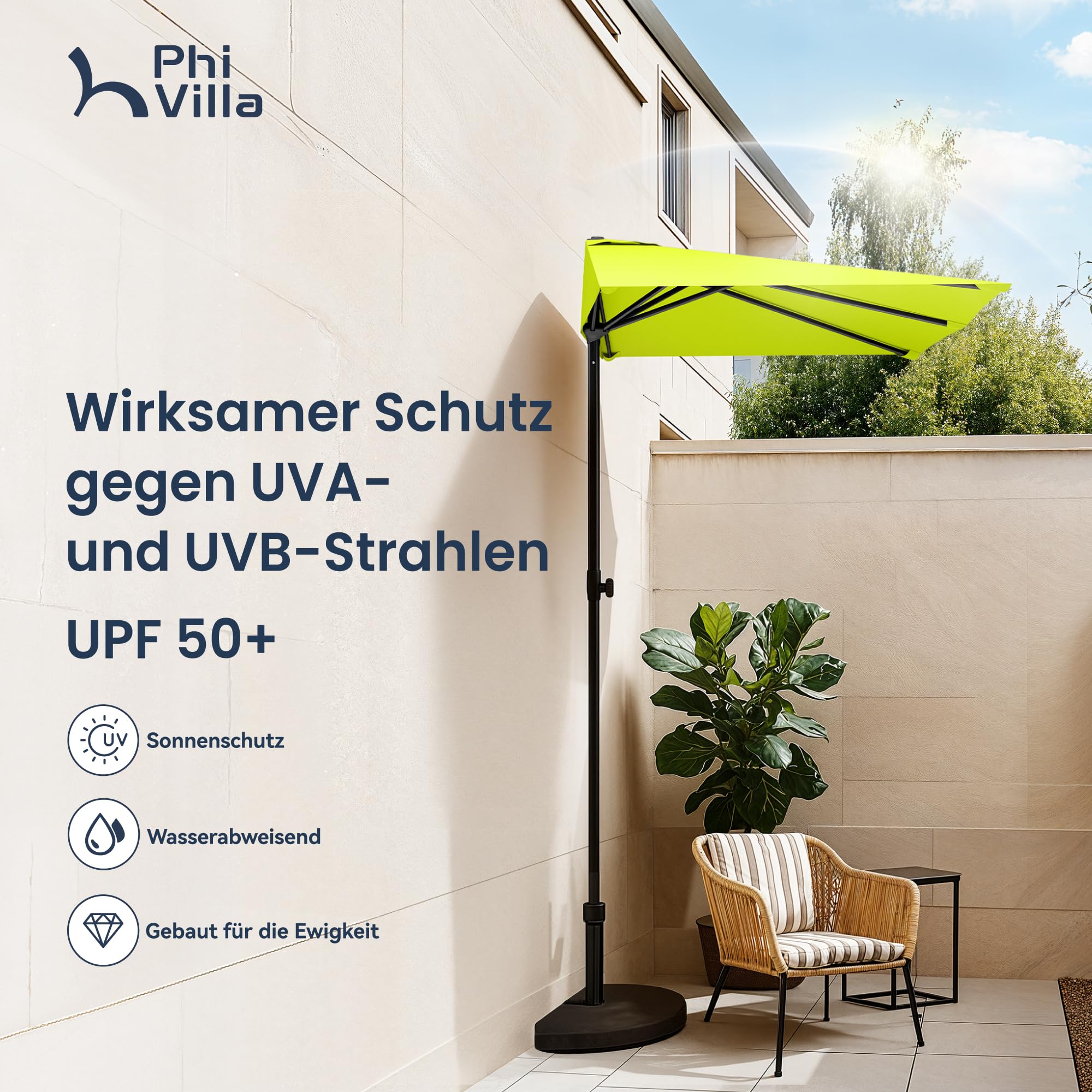 PHI VILLA 250x130cm Halber Sonnenschirm Höhenverstellbar mit Klemme, Balkonschirm Windfest Stabil zum Mitnehmen, UV50+ Schutz für Garten Terrasse Balkon Balkongeländer Tisch