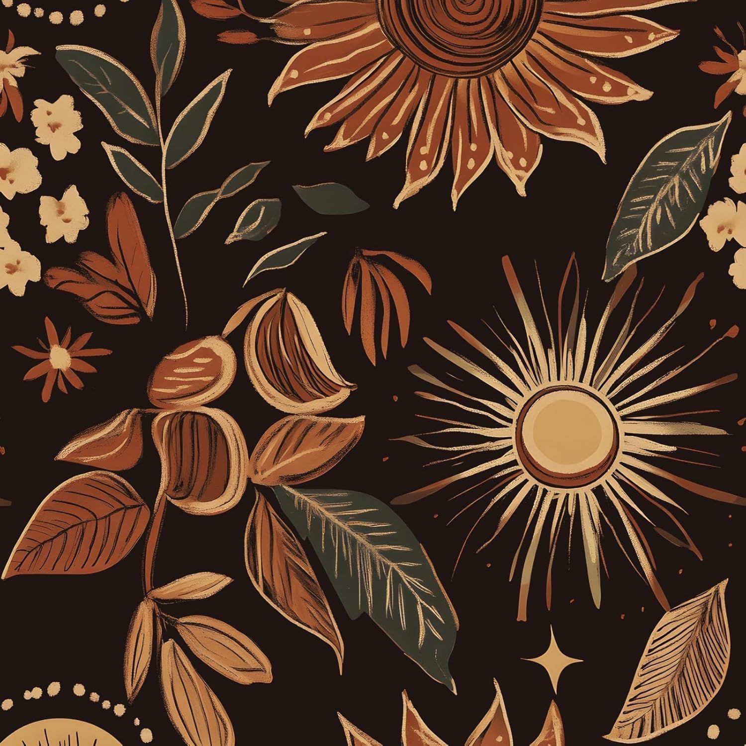 Fvlow Brown Floral Wallpaper Peel and Stick Boho Dark Contact Paper Vintage Waterproof Wall Covering for Bedroom Countertop Desk Cabinet 17.4in x 393in