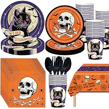 145 Pcs Spooky Halloween Party Tableware Set &ndash; Black Cat Skull Disposable Plates, Cups, Napkins and Tablecloth for Gothic Trick or Treat, Haunted House Halloween Party Supplies for 24 Guests