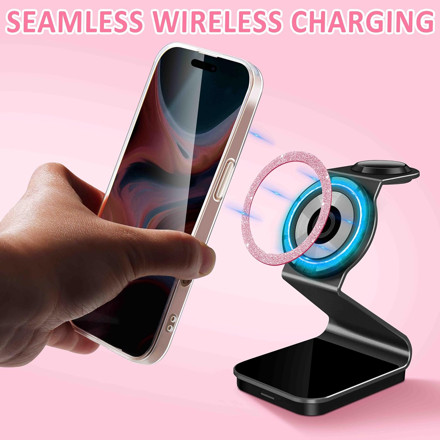 Jsoerpay Universal Metal Rings Compatible with Magsafe Sticker for All Phone Cases & Wireless Charging, Magnetic Car Mount/Phone Holder Conversion Kit, 4 Pack Glitter Pink thumbnail