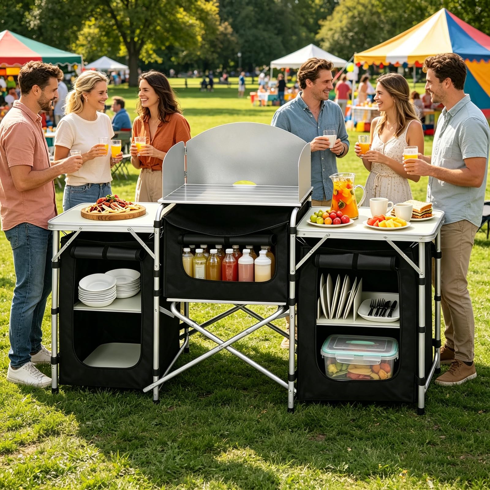 Faltbare Campingküche mit Aluminiumgestell, 5 Fächer & 3 Tischflächen, Stabiler Campingschrank aus 600D Oxford-Stoff, Windschutz Outdoor Küchenbox mit Tragetasche - Typ A