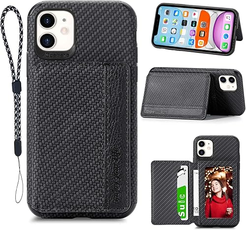 Miniatura 1 de JanCalm Funda para iPhone 11 con tarjetero, función atril para iPhone 11, bloqueo RFID, protector de cámara, funda protectora de piel sintética a