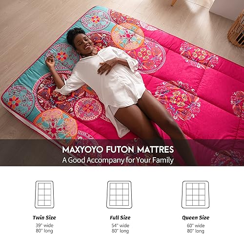 Miniatura 5 de MAXYOYO Colchón tipo futón de estilo bohemio, acolchado japonés, extra grueso, plegable, transpirable, tumbona para el suelo, cama de invitados para