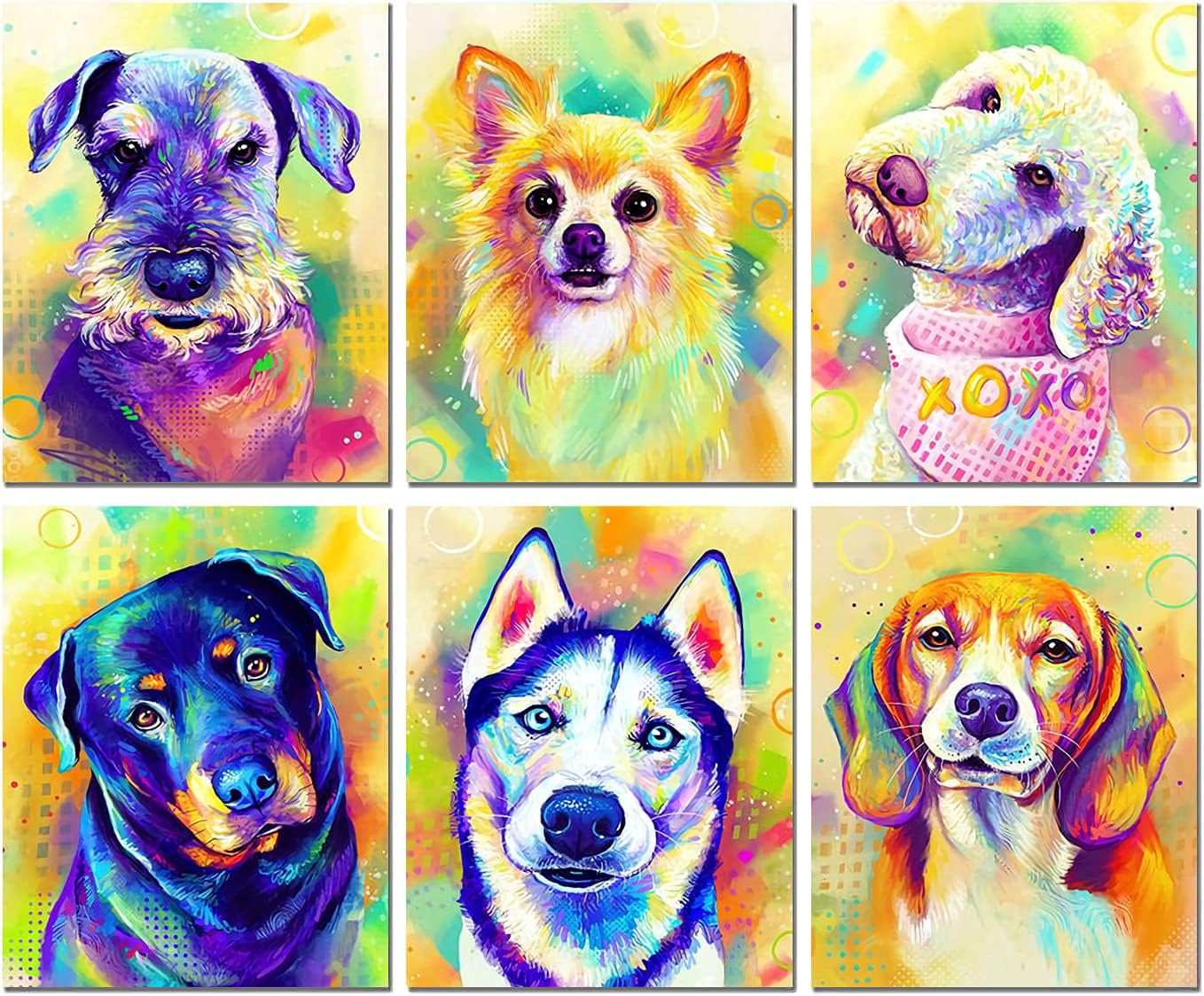 Watercolor Dog Canvas Wall Art Prints - Set of 6 Lovely Labrador Puppy Wall Art Decor (8x10, Unframed), Funny & Cute Pet Painting Animal Artwork for Kid Bedroom Decor