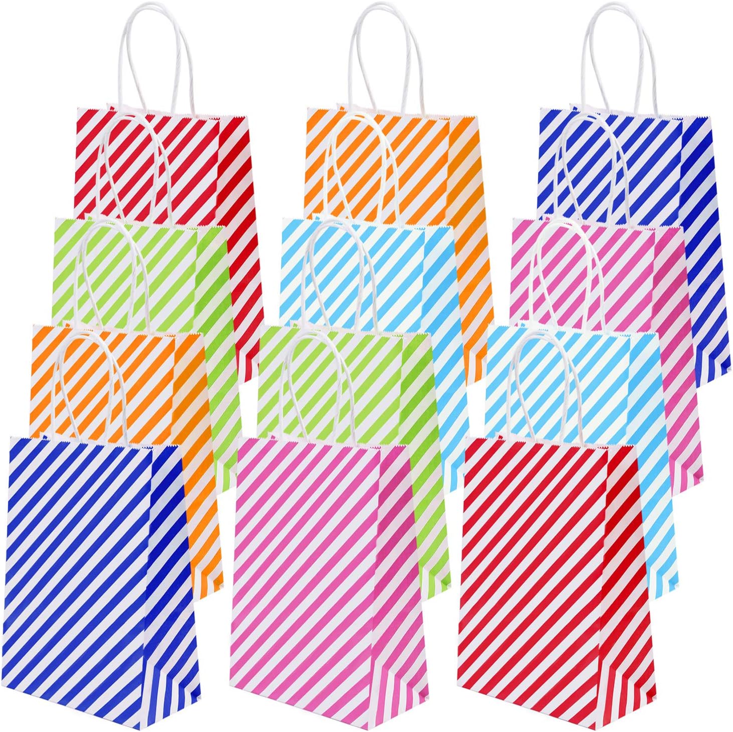 Coobey 30 Pieces Kraft Paper Party Bags Sideling Stripes Bag Candy Bags Birthday Gift Bags with Handle for Gift, Tea Party, Wedding and Party Favor, 6 Colors