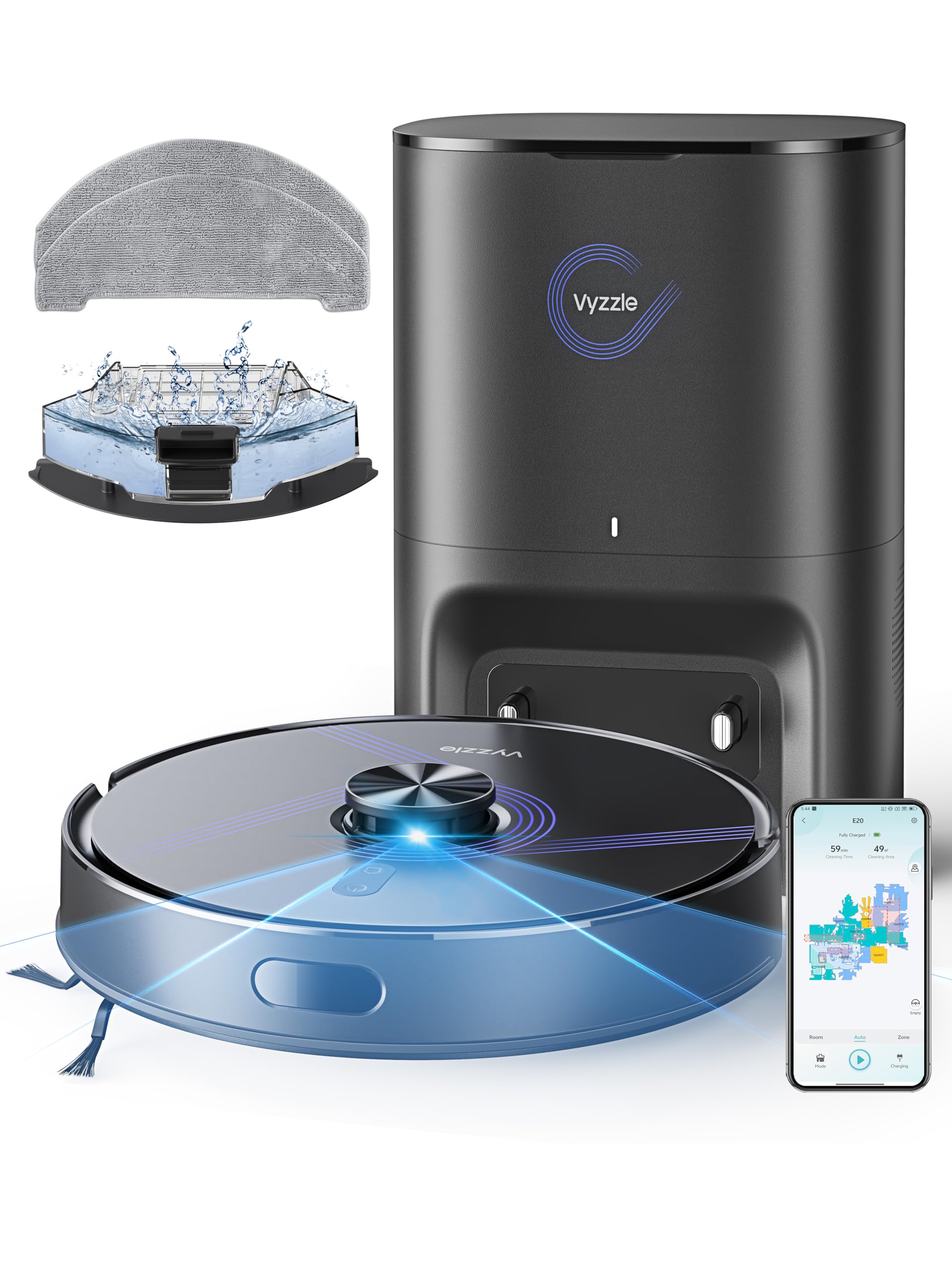 Vyzzle Robot Vacuum Cleaner with Mop Self Emptying, 10,000Pa Suction, LiDAR Navigation with Smart Mapping Robot Hoover, 180min Runtime, App/Voice Control for Pet Hair/Carpet/All Floors, E20