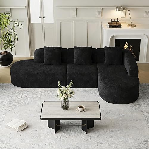 Oversized Sectional Sofa with Right Chaise, 111" Modern Luxury Lychee-Textured Long-Pile Extra Wide Seat L-Shape Curved Cloud Boneless Couch for Living Room, Apartmen, No Assembly, Black