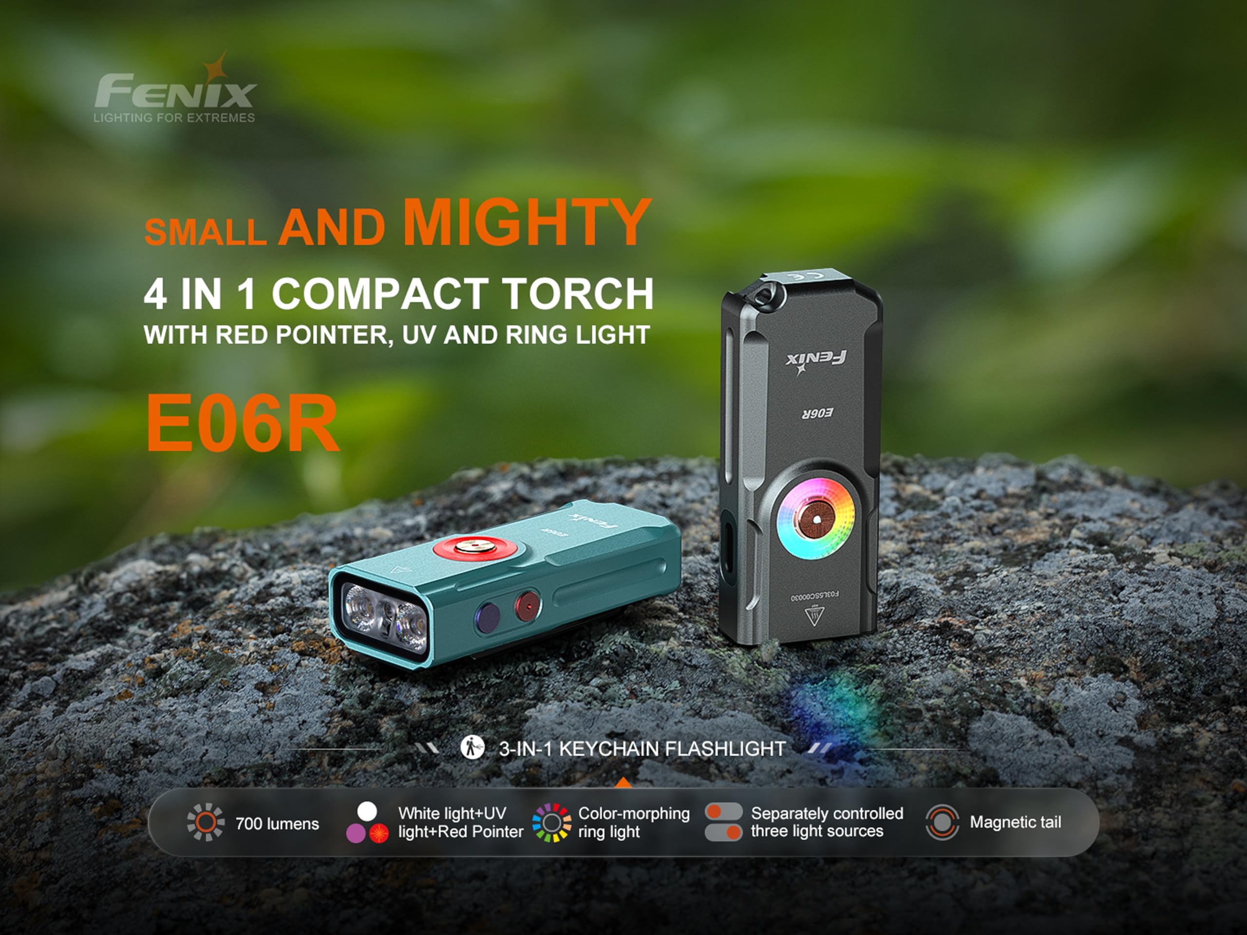 Fenix E06R - Mini dispositivo recargable 4 en 1 turquesa | 700 lúmenes | 110 m | 60 horas máximo | Luz LED dual blanca de 4 niveles con anillo rojo, azul, RGB | puntero UV y rojo | IP66