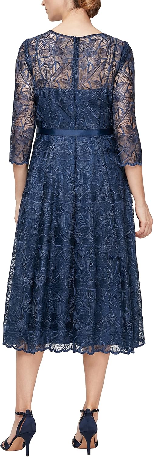 Alex Evenings Womens Tea Length Embroidered Cocktail Dress with Illusion Sleeves, Wedding Guest (Petite and Regular Sizes) - Image 2